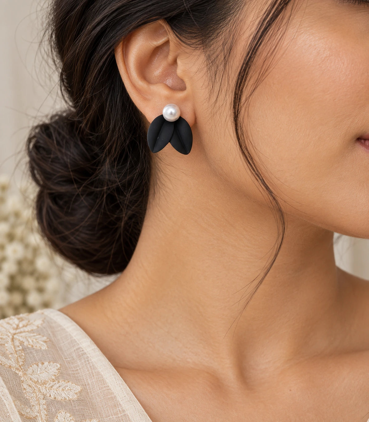 JIMIKI Double Leaf Pearl Stud Earrings in Black — earrings styled with an outfit #color_black