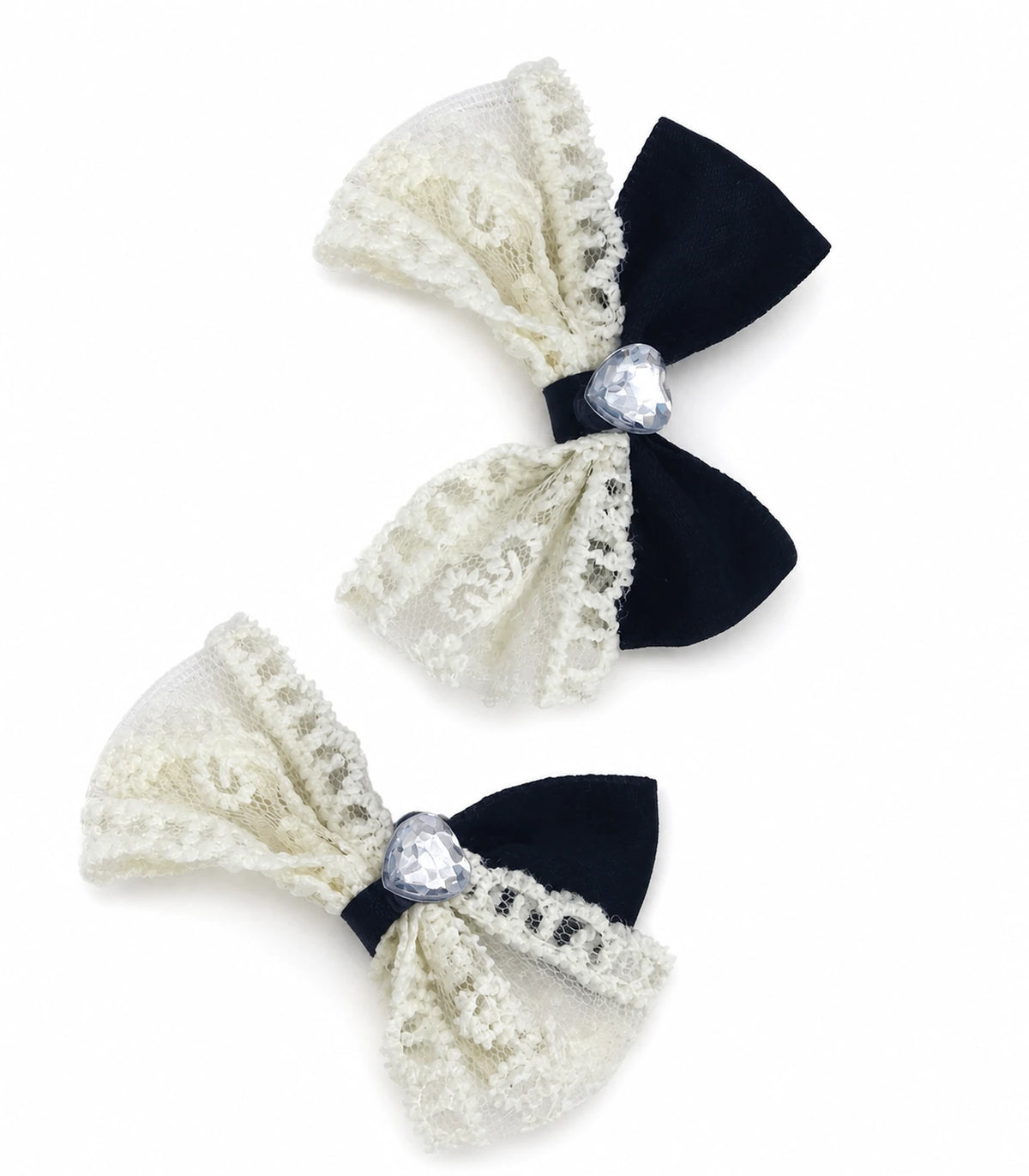 Black Ivory Lace Heart Bow Clip Pair on a clean white background