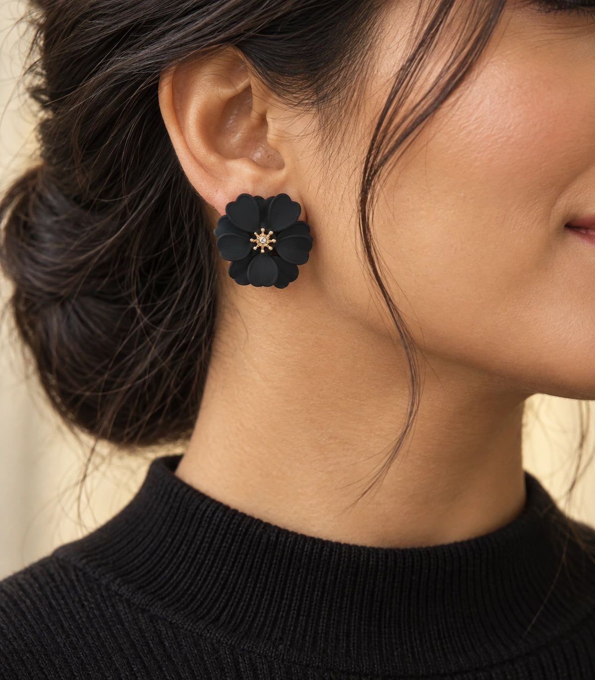 JIMIKI Black Layered Daisy Stud Earrings - earring worn in editorial styling #color_black