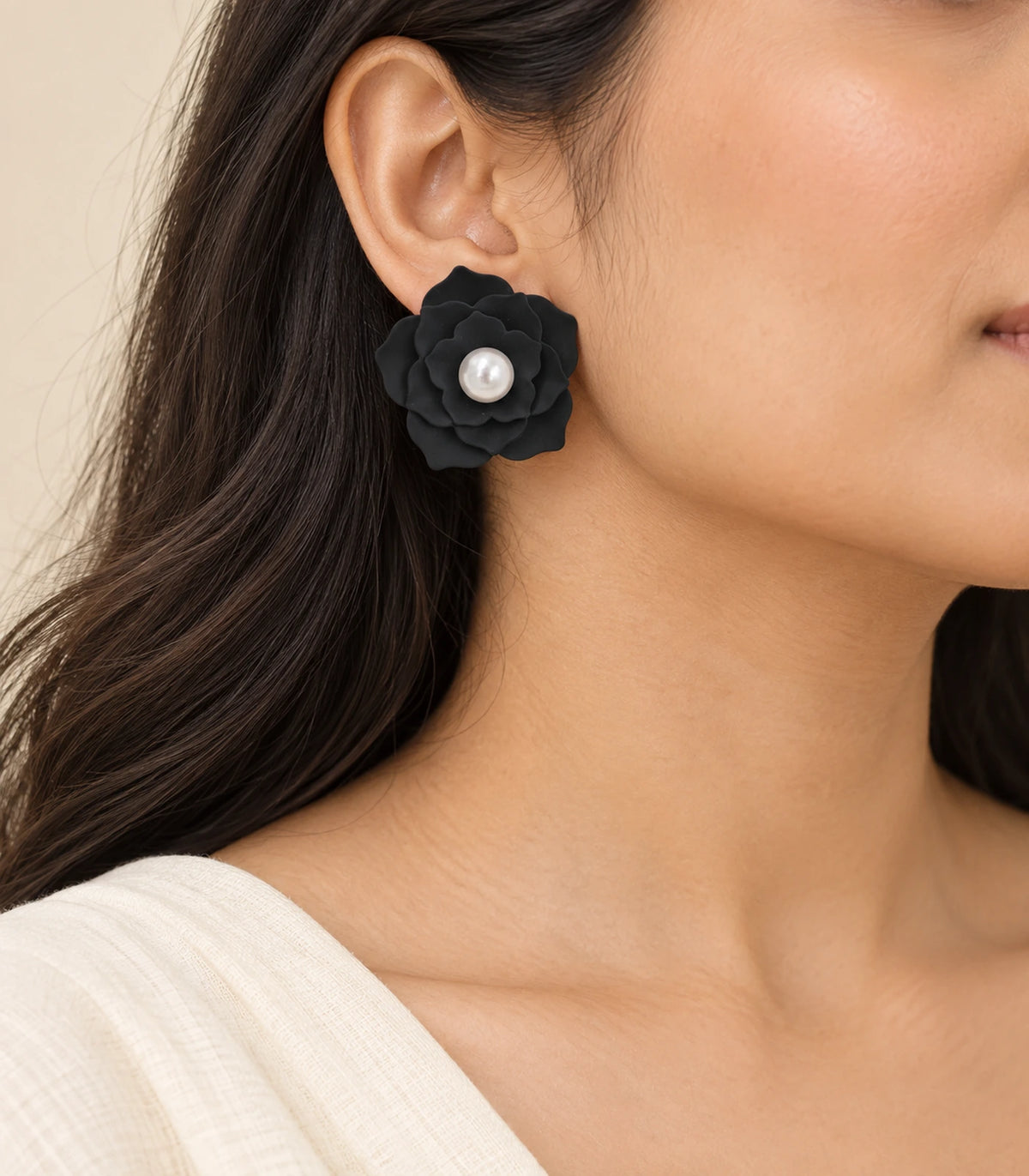 JIMIKI Layered Flower Pearl Stud Earrings, Black — worn on the ear #color_black