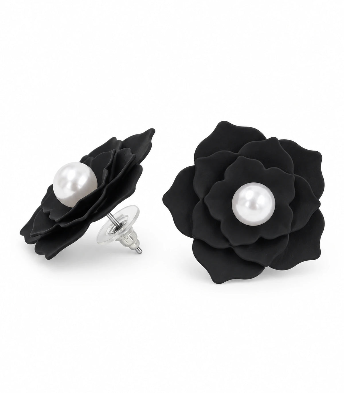 JIMIKI Layered Flower Pearl Stud Earrings, Black — pair on white background #color_black