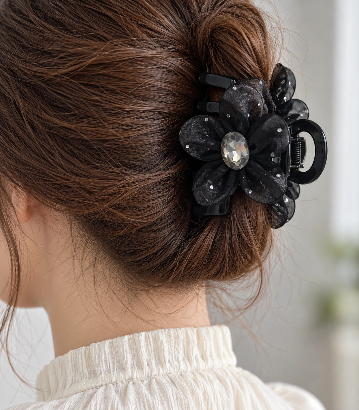JIMIKI Organza Flower Crystal Hair Claw Clips in Black, close-up detail #color_black