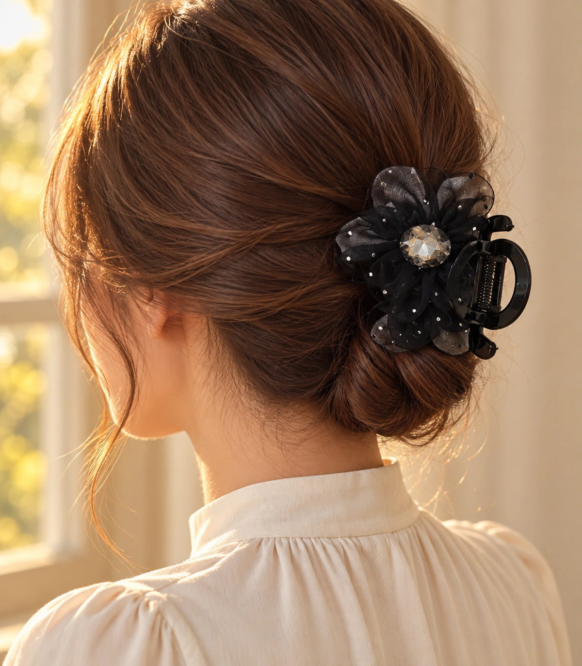 JIMIKI Organza Flower Crystal Hair Claw Clips in Black, editorial model view #color_black