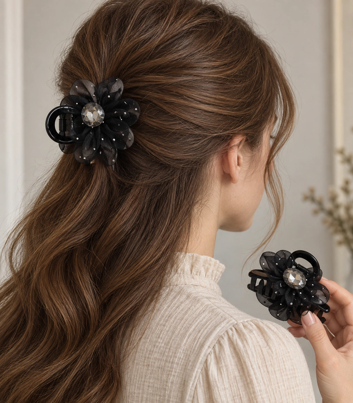 JIMIKI Organza Flower Crystal Hair Claw Clips in Black, model wearing view #color_black