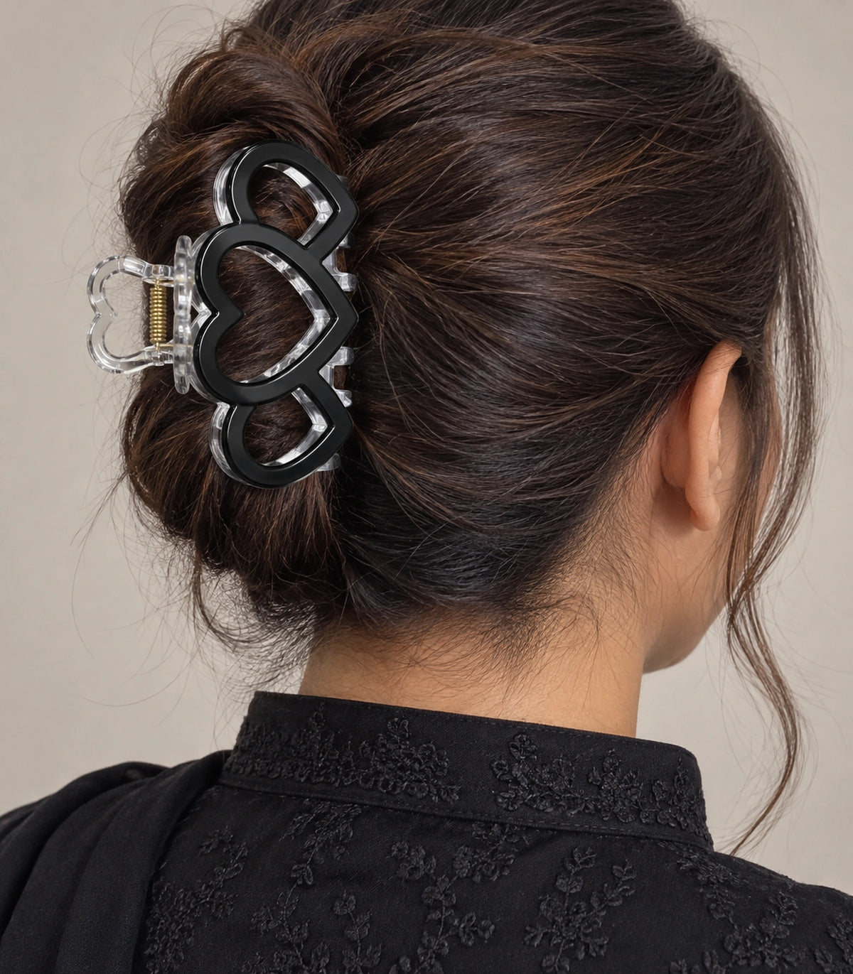 JIMIKI Triple Heart Hair Claw Clips in Black, model wearing view #color_black