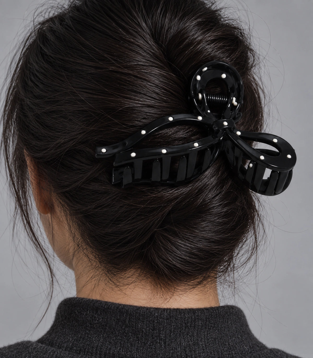 JIMIKI Polka Dot Openwork Bow Hair Claw Clips in Black / White, close-up detail #color_black / white