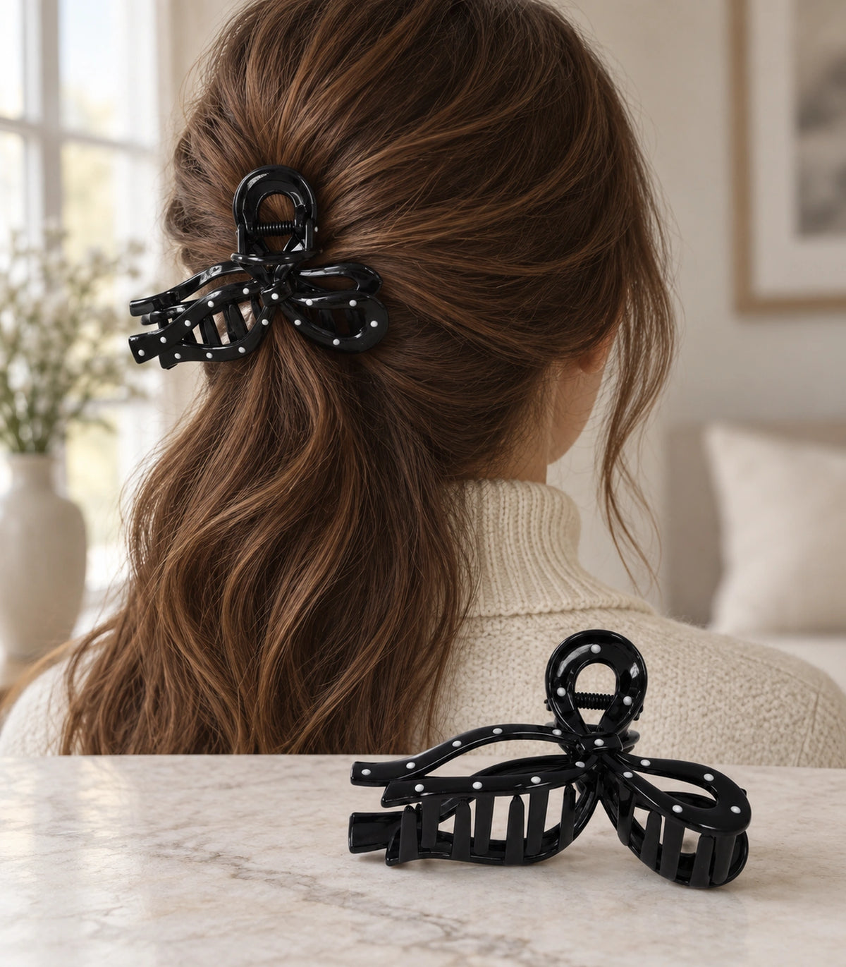 JIMIKI Polka Dot Openwork Bow Hair Claw Clips in Black / White, editorial model view #color_black / white