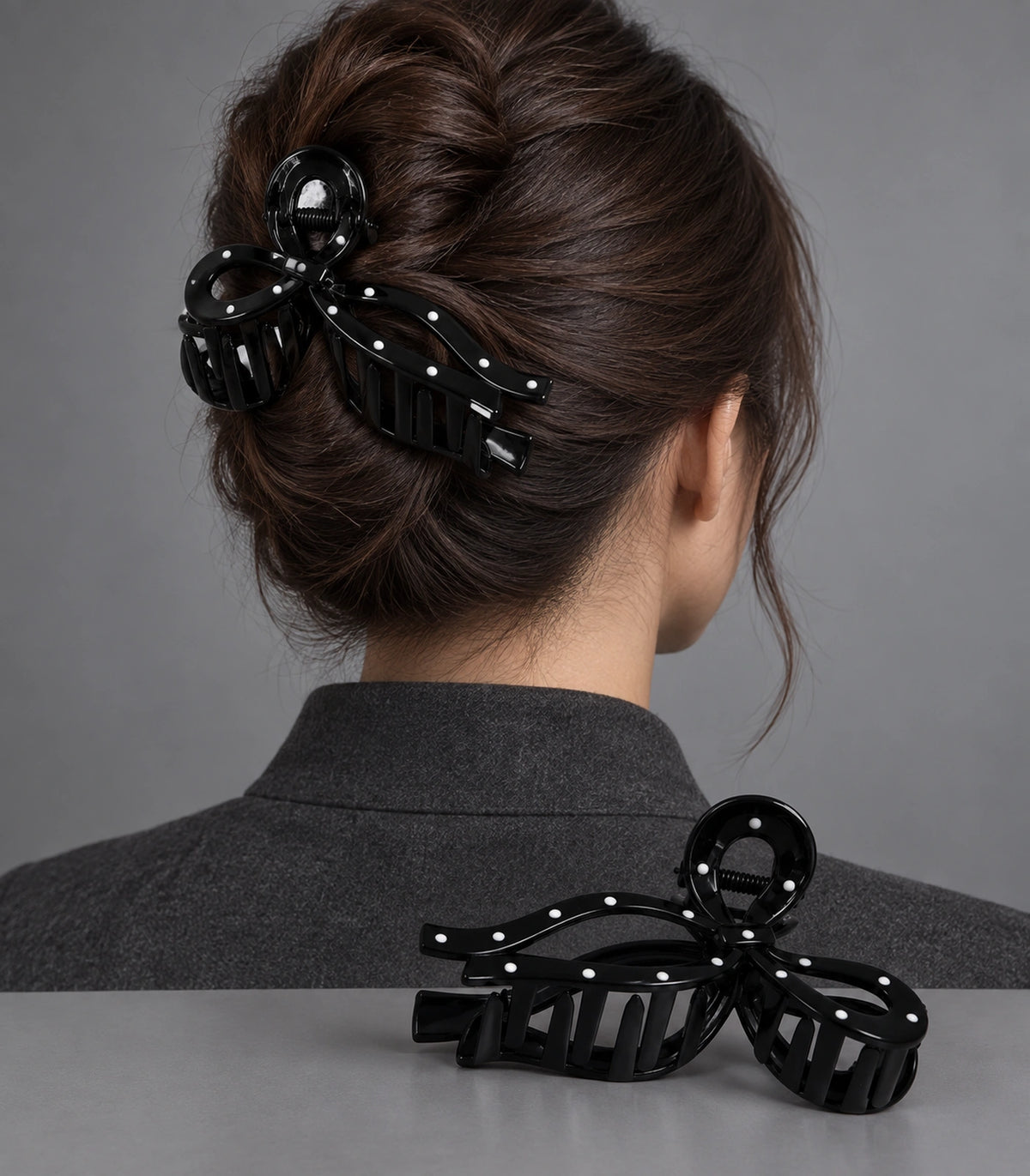 JIMIKI Polka Dot Openwork Bow Hair Claw Clips in Black / White, model wearing view #color_black / white