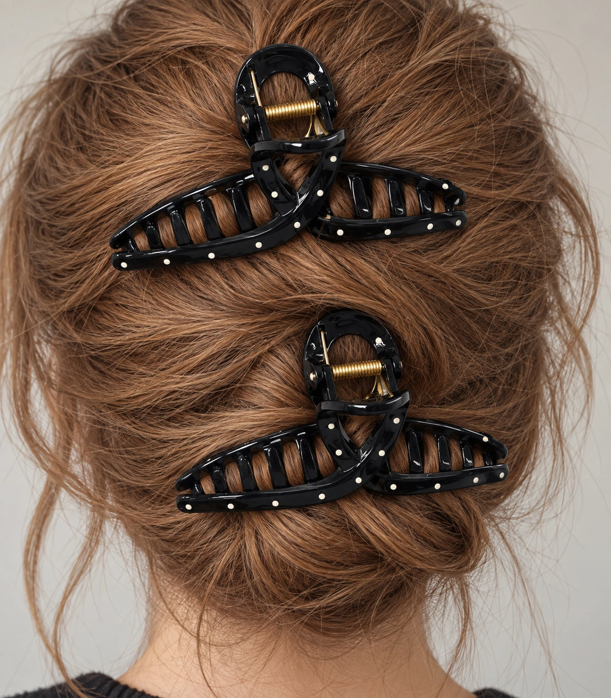 JIMIKI Polka Dot Slim Bow Hair Claw Clips in Black / White, close-up detail #color_black / white