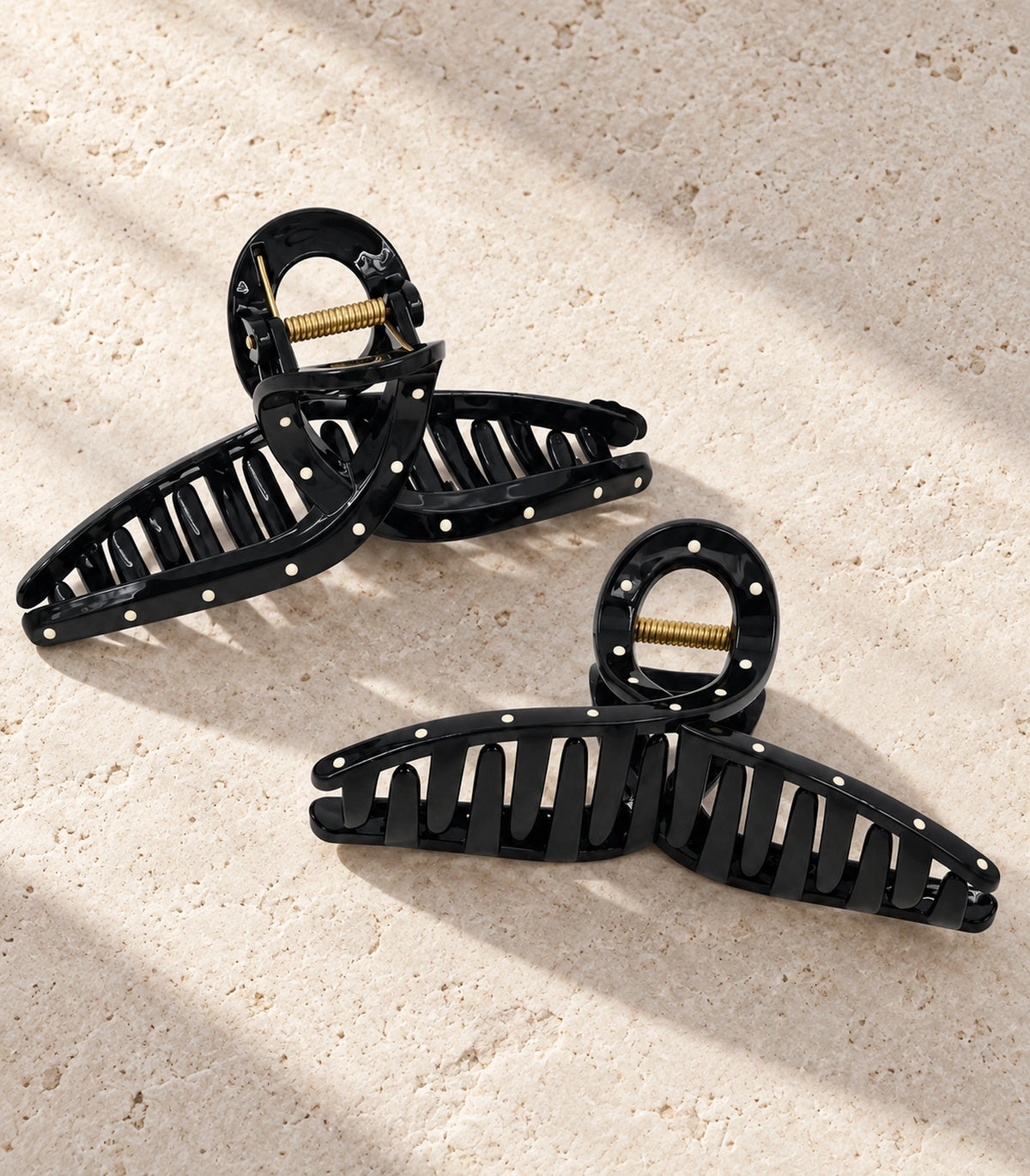 JIMIKI Polka Dot Slim Bow Hair Claw Clips in Black / White, editorial flat lay #color_black / white