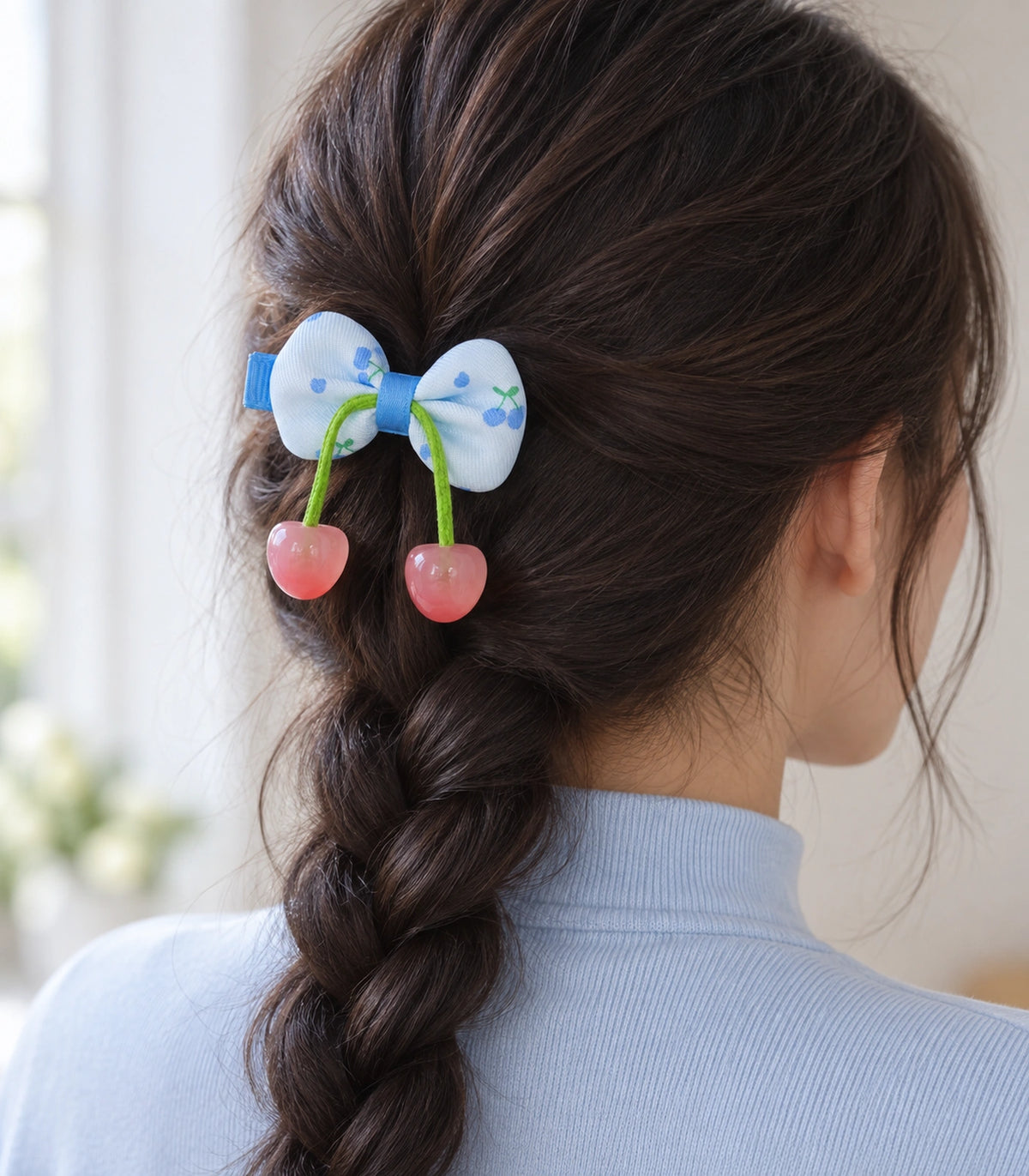 JIMIKI Cherry Print Bow Hair Clip With Cherry Charms in Blue, editorial model view #color_blue