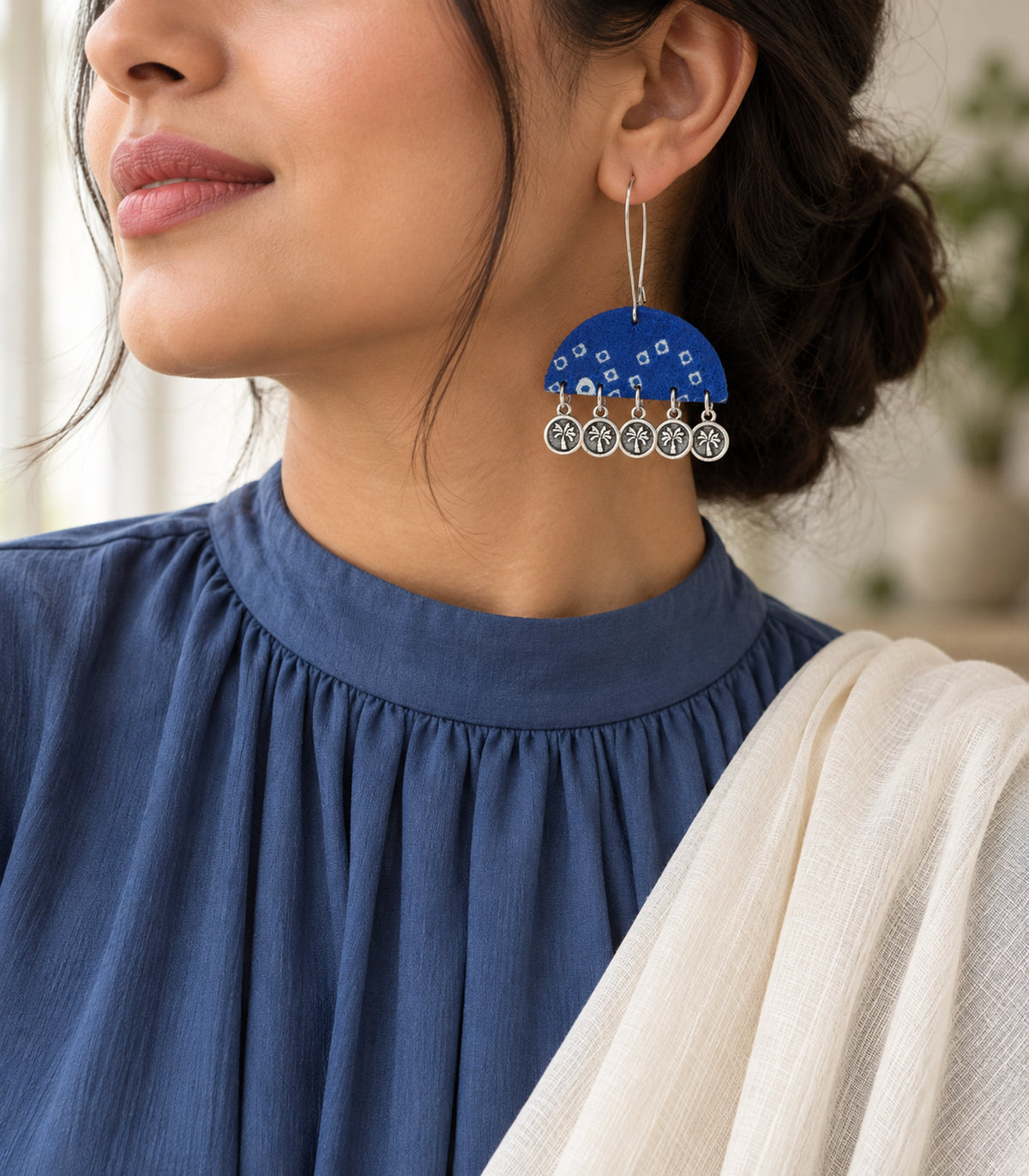 Blue Geometric Fabric Coin Earrings – editorial model view