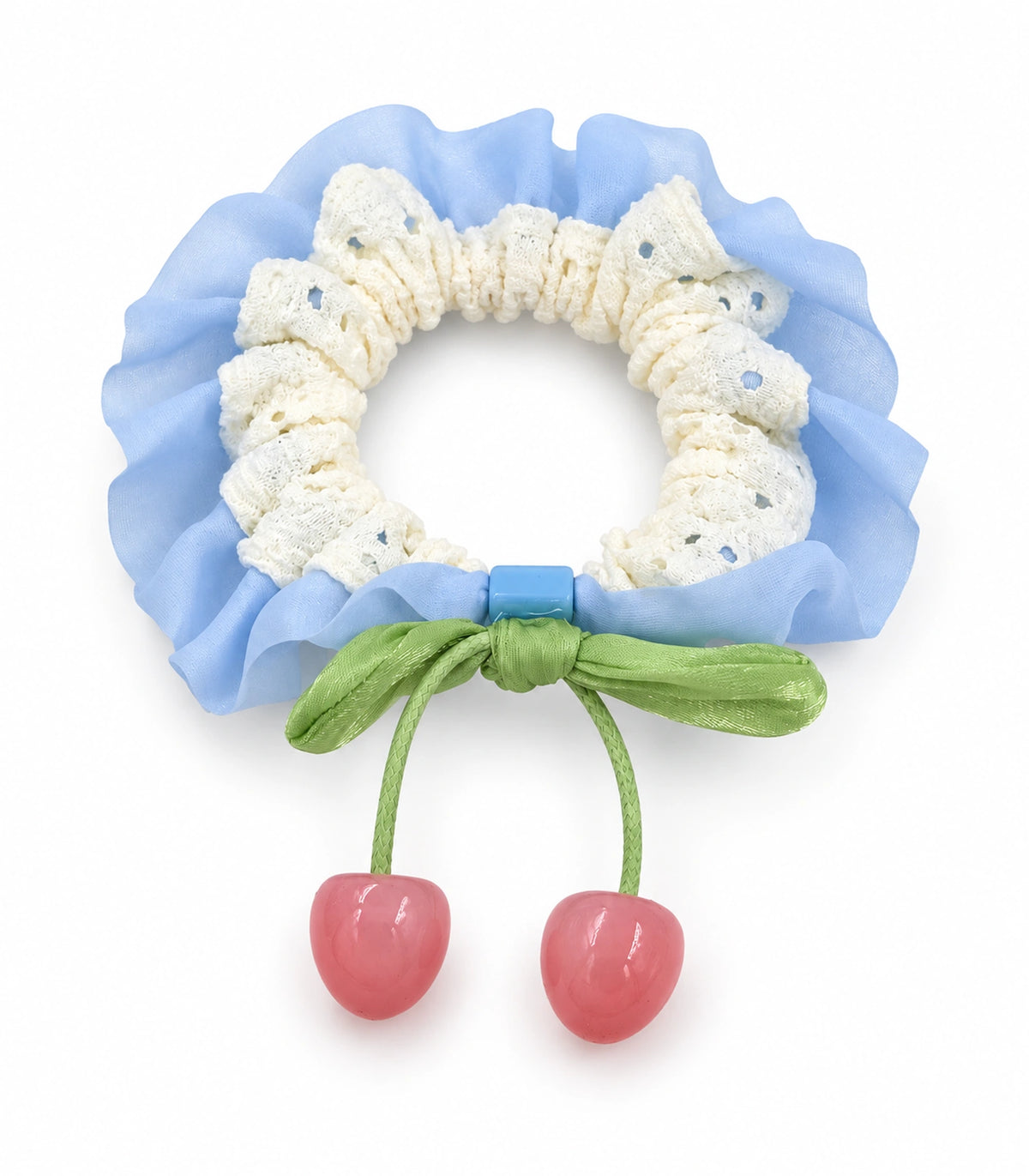 JIMIKI Lace Scrunchie With Cherry Charms in Blue, white background product view #color_blue