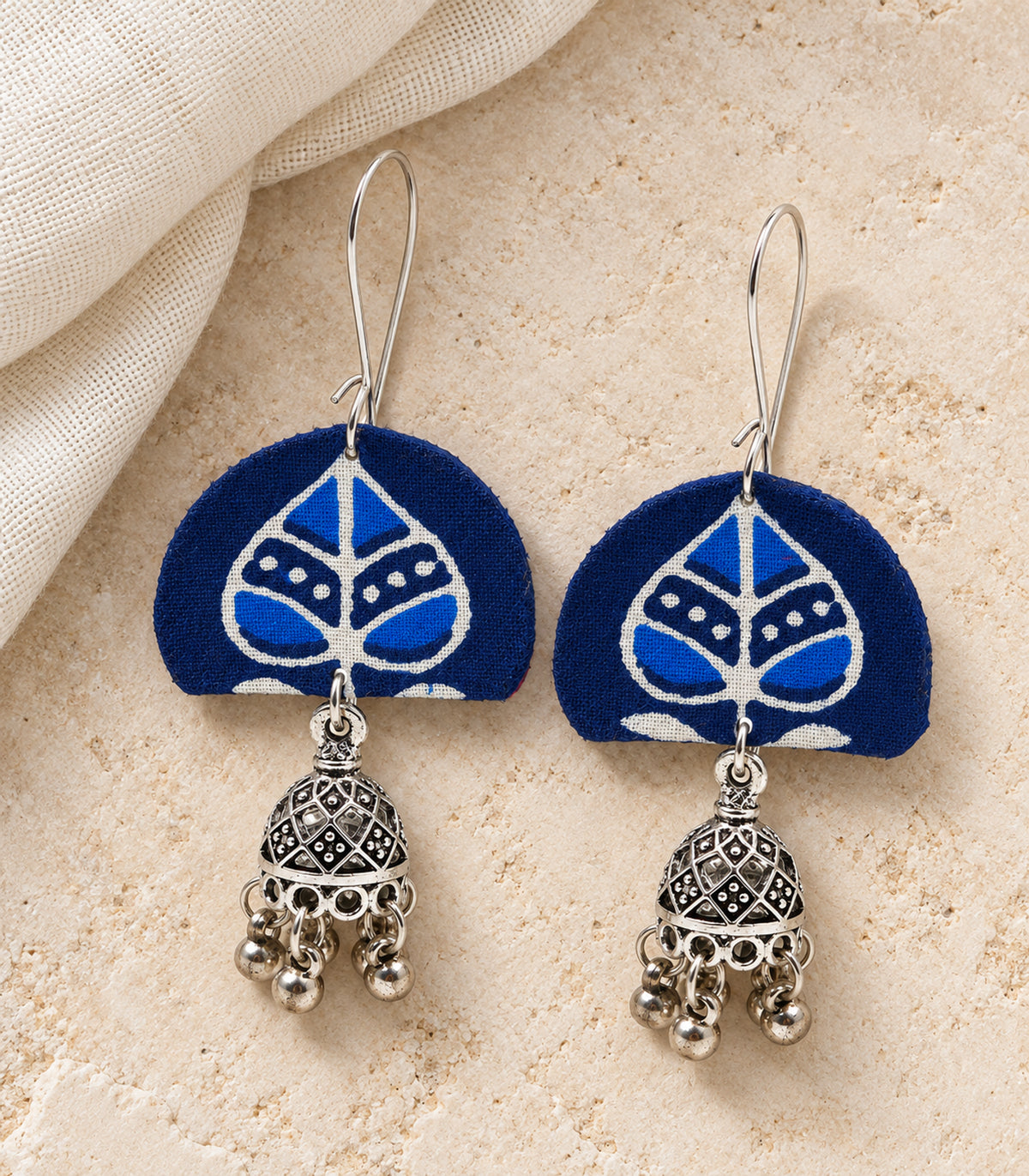Blue Leaf Fabric Jhumka Earrings — editorial flatlay view