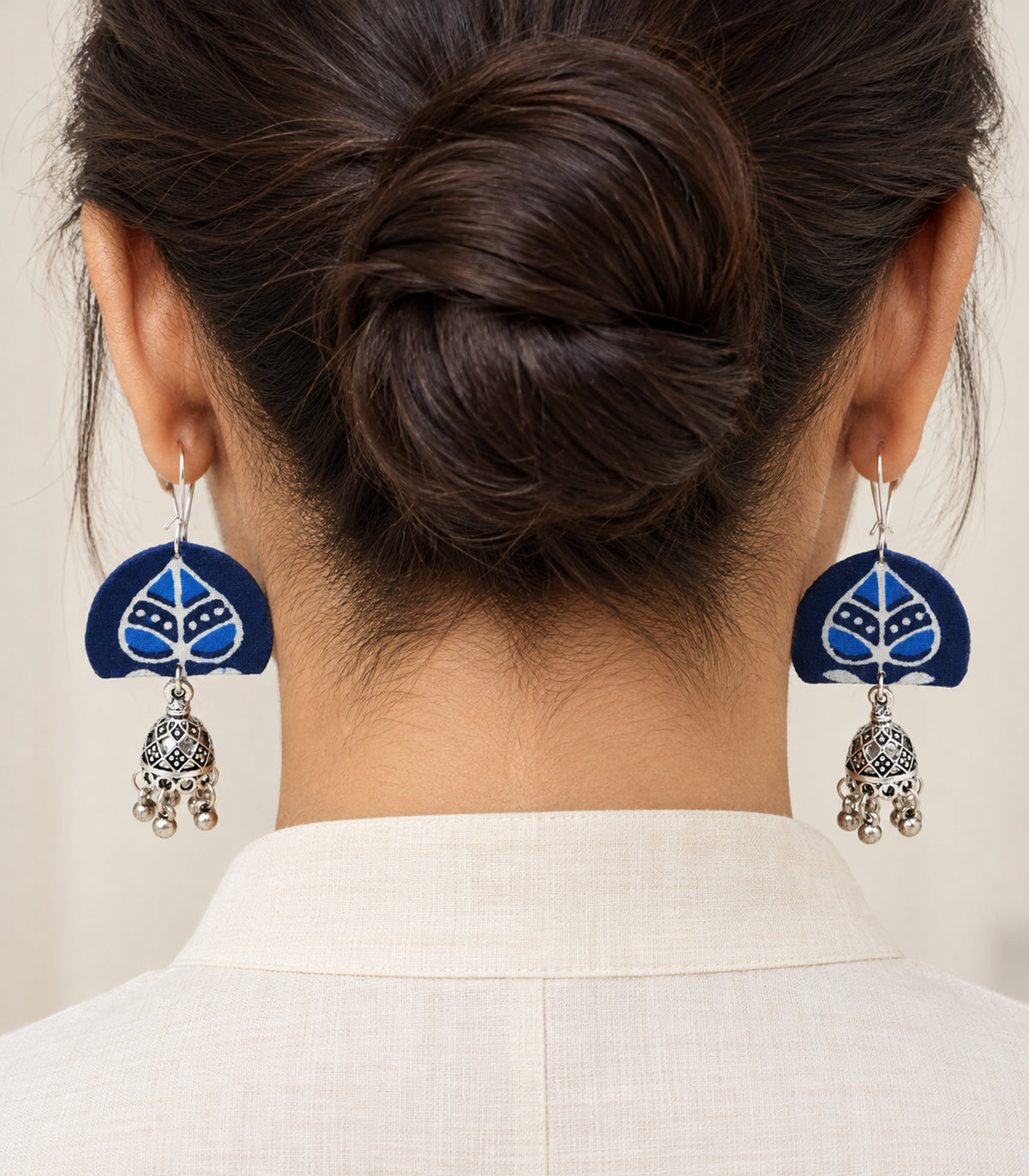 Blue Leaf Fabric Jhumka Earrings — model view