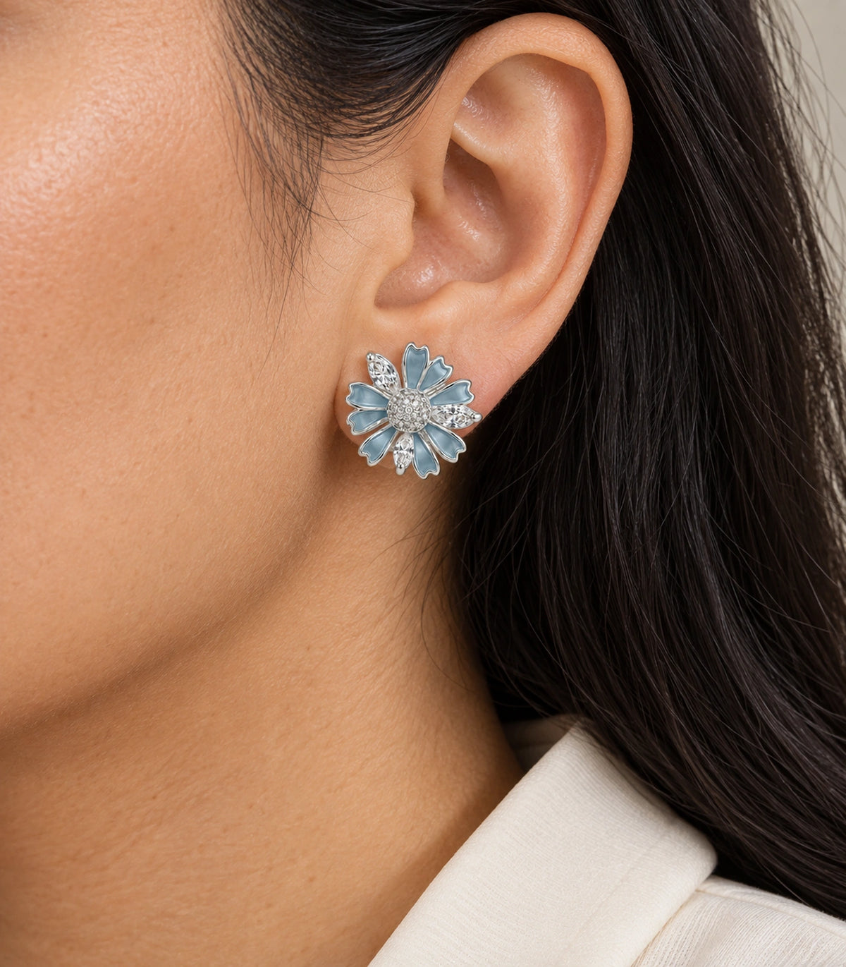 JIMIKI Petal Crystal Flower Stud Earring Pair in Blue / silver tone, close-up detail #color_blue / silver tone