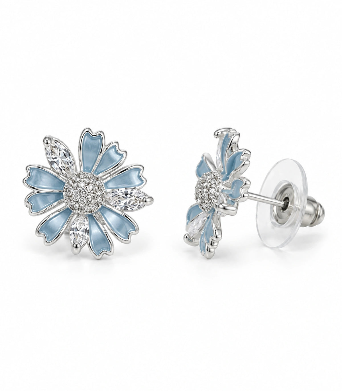 JIMIKI Petal Crystal Flower Stud Earring Pair in Blue / silver tone, white background product view #color_blue / silver tone