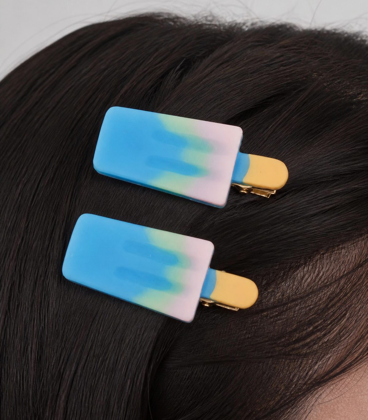 Blue Pink Popsicle Clip Pair worn in hair