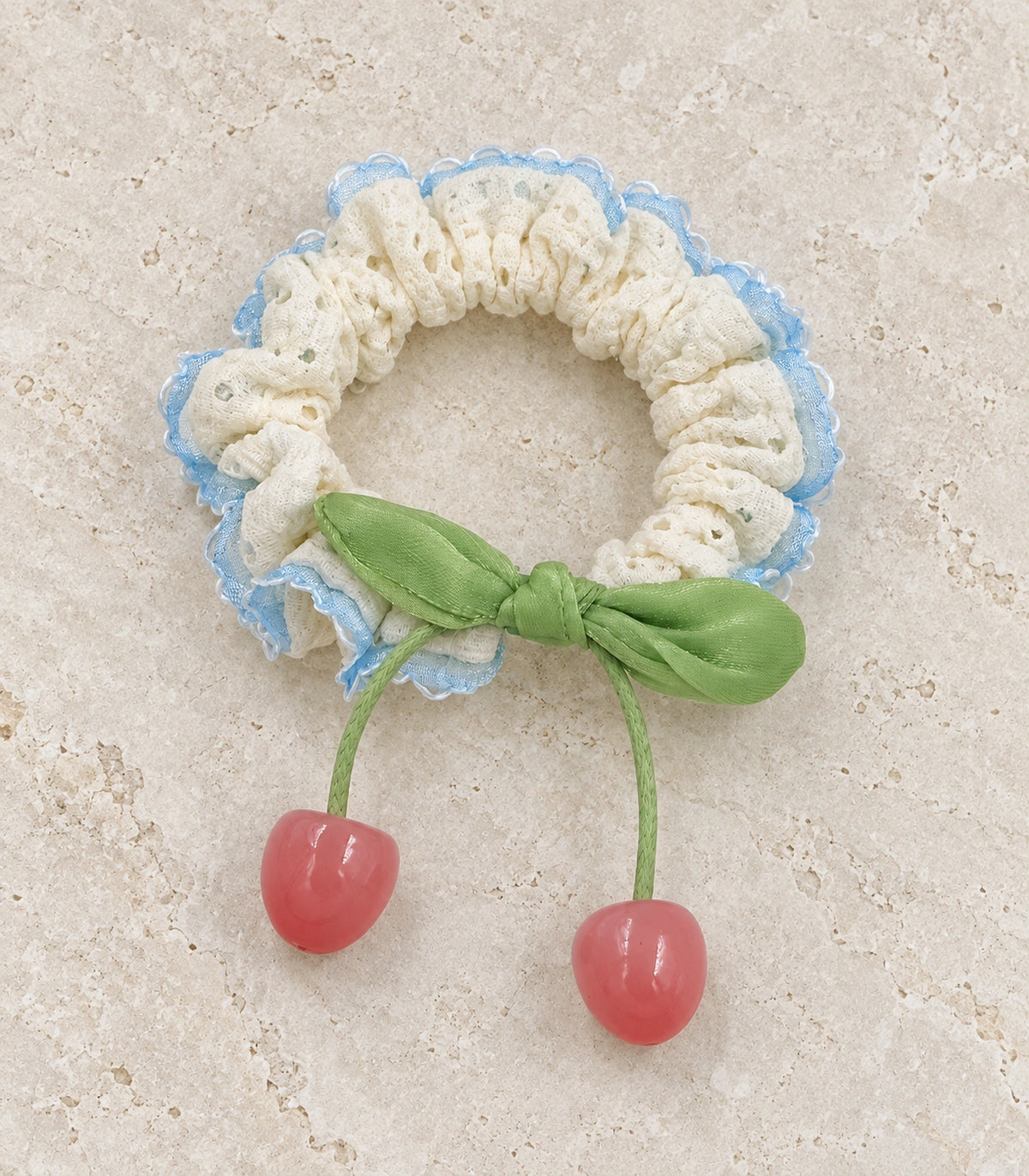 JIMIKI Trim Lace Scrunchie With Cherry Charms in Blue Trim, editorial flat lay #color_blue trim