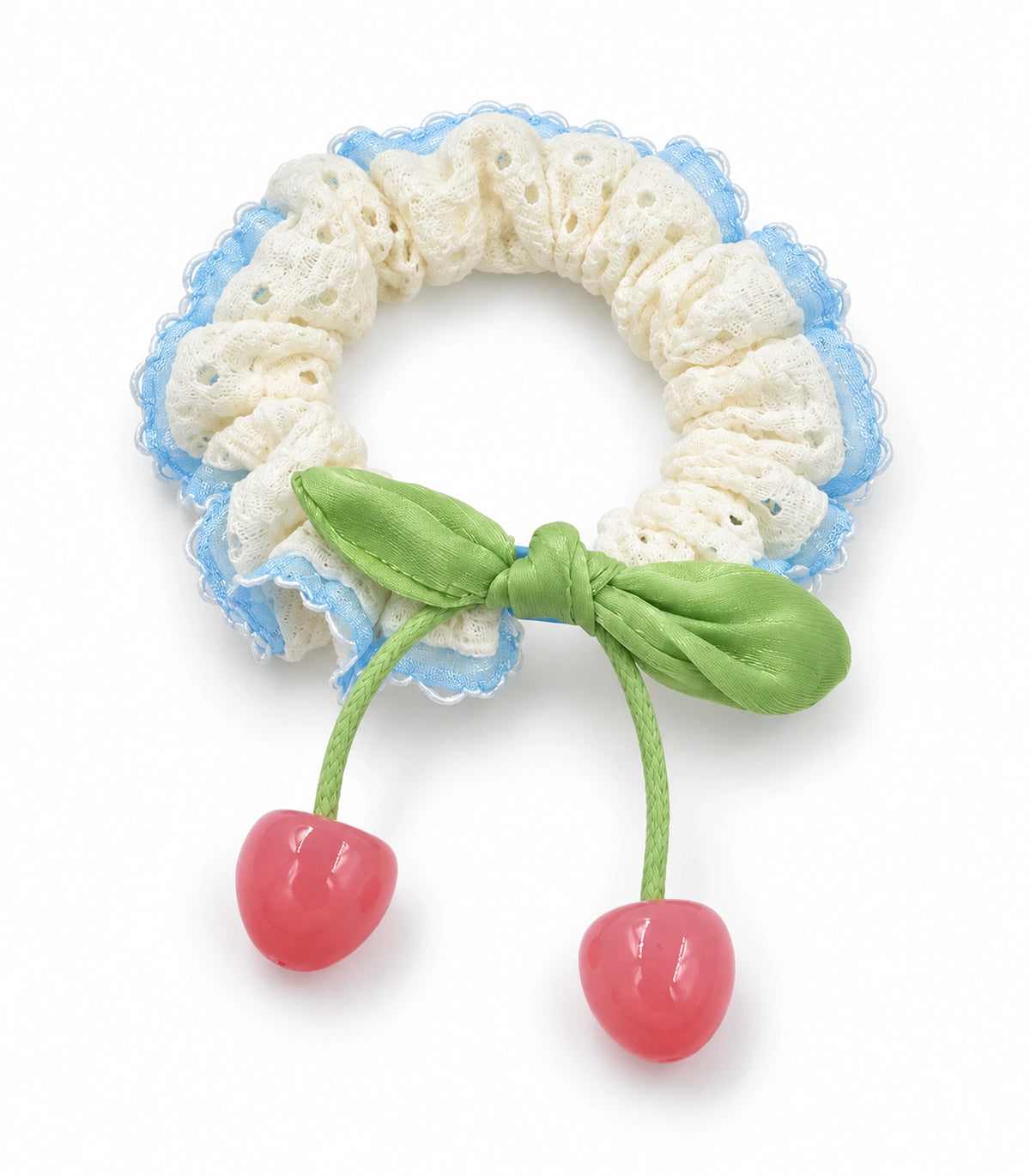 JIMIKI Trim Lace Scrunchie With Cherry Charms in Blue Trim, white background product view #color_blue trim
