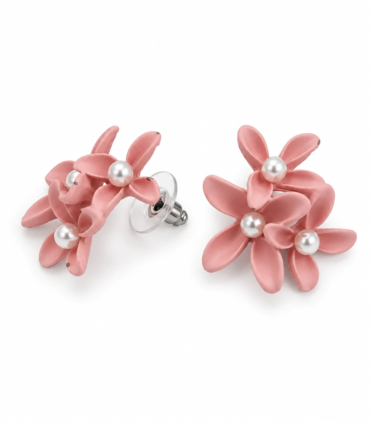 JIMIKI Blush Pink cascading floral cluster stud earrings, matching pair on a white background #color_blush pink