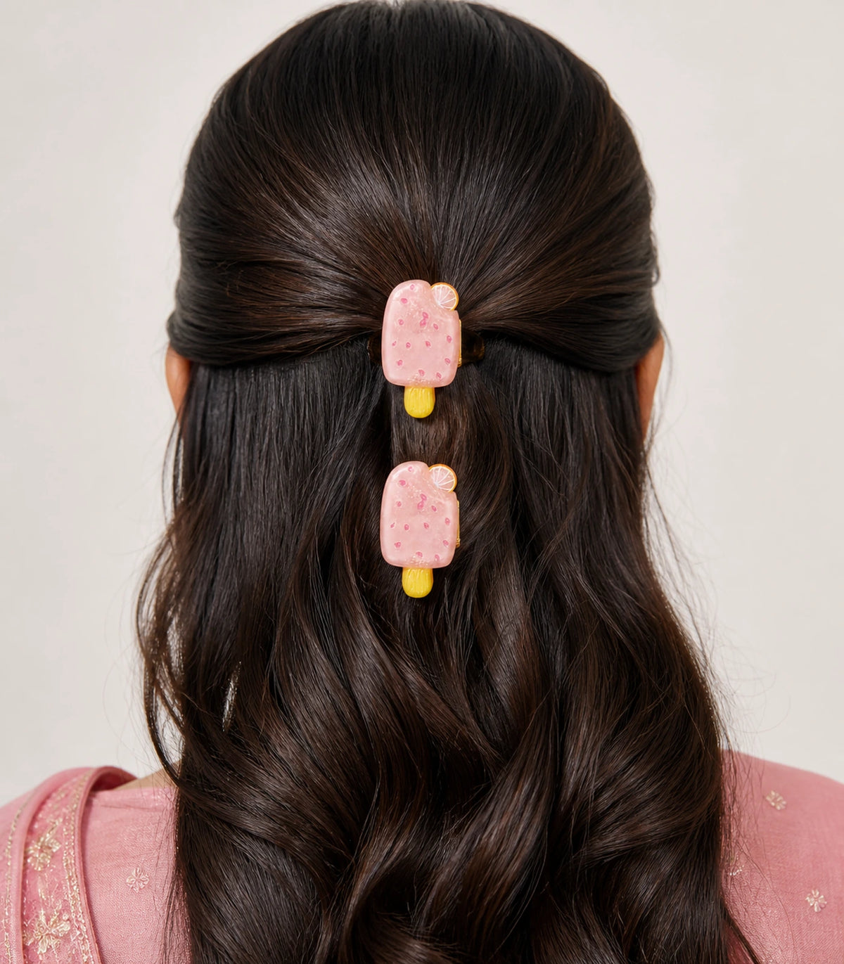 Model wearing the Blush Pink Citrus Popsicle Clip Pair