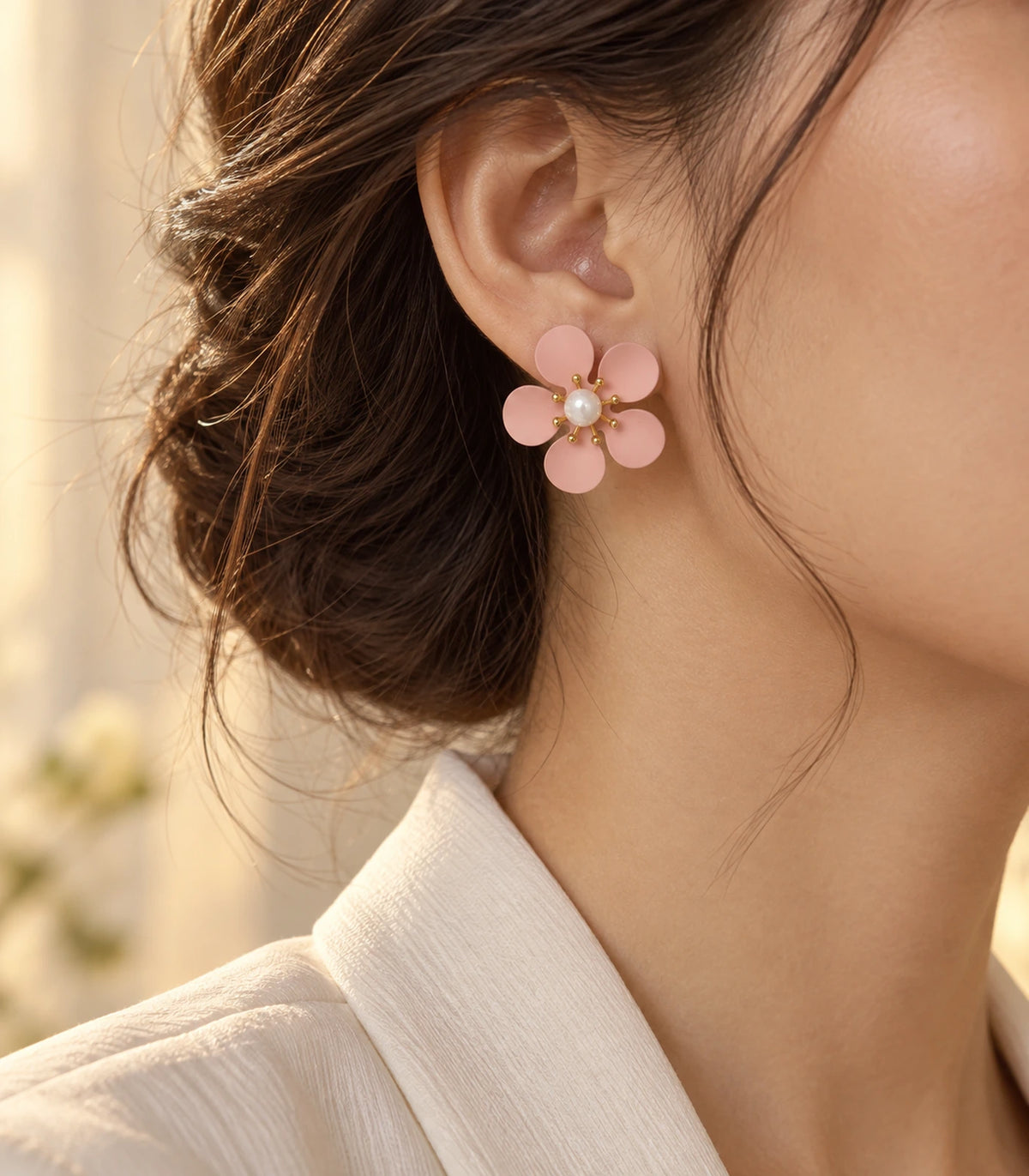 JIMIKI blush pink five-petal flower stud earrings with pearl-effect centre, alternate styled worn view of flower stud #color_blush-pink