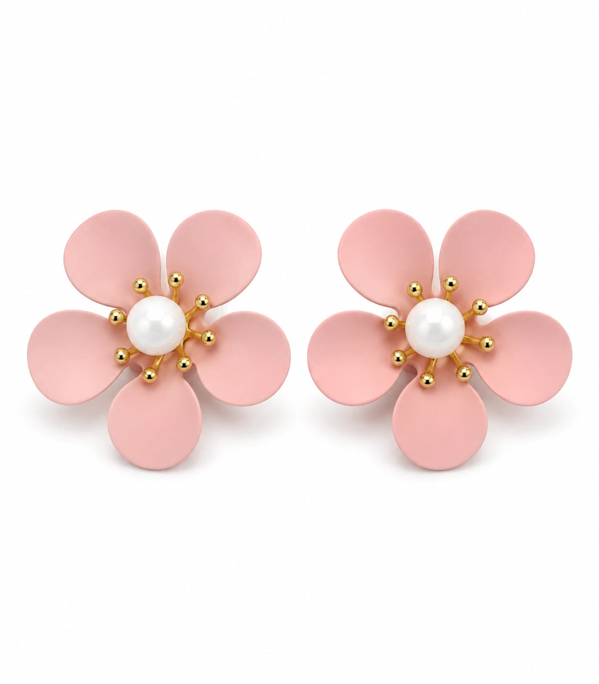 JIMIKI blush pink five-petal flower stud earrings with pearl-effect centre, matching flower stud pair on white #color_blush-pink