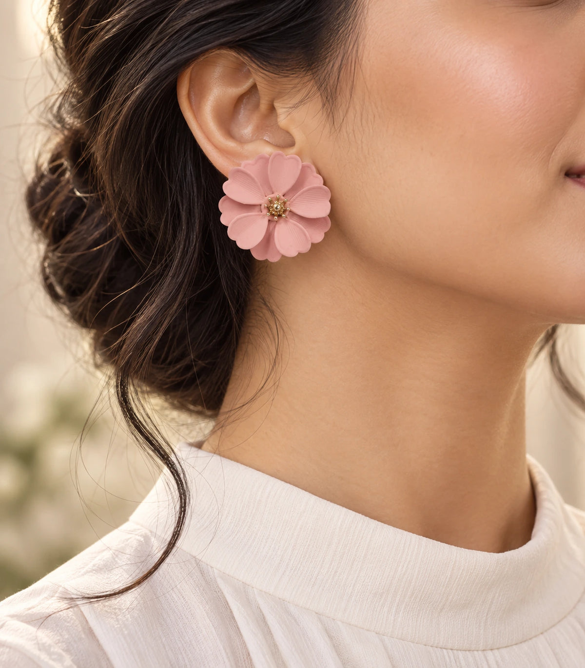 JIMIKI Blush Pink Layered Daisy Stud Earrings - earring worn in editorial styling #color_blush pink