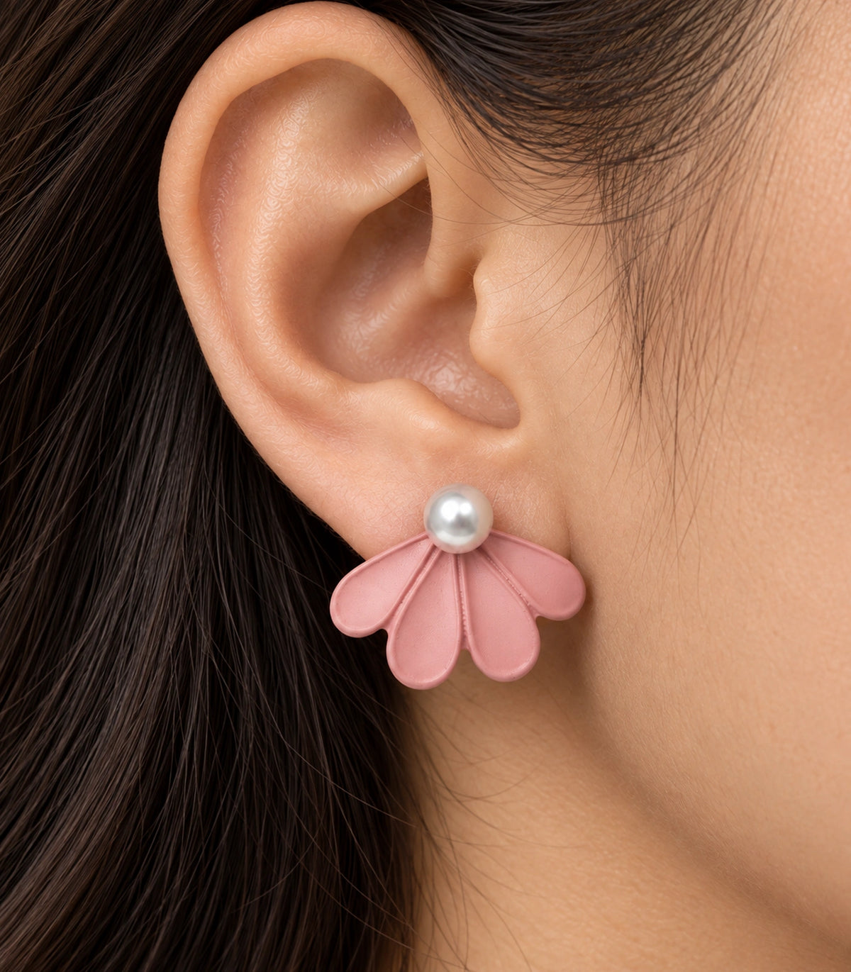 JIMIKI Blush Pink pearl fan petal stud earrings, worn closeup of four petals and pearl-style bead #color_blush pink