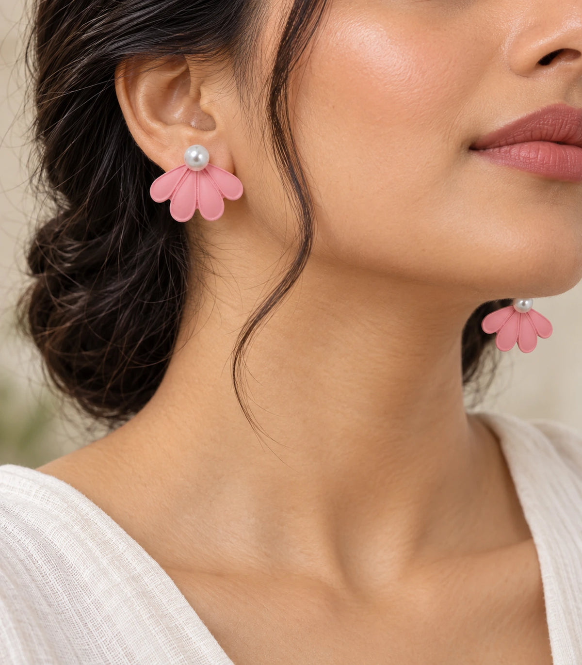 JIMIKI Blush Pink pearl fan petal stud earrings, styled worn editorial view #color_blush pink
