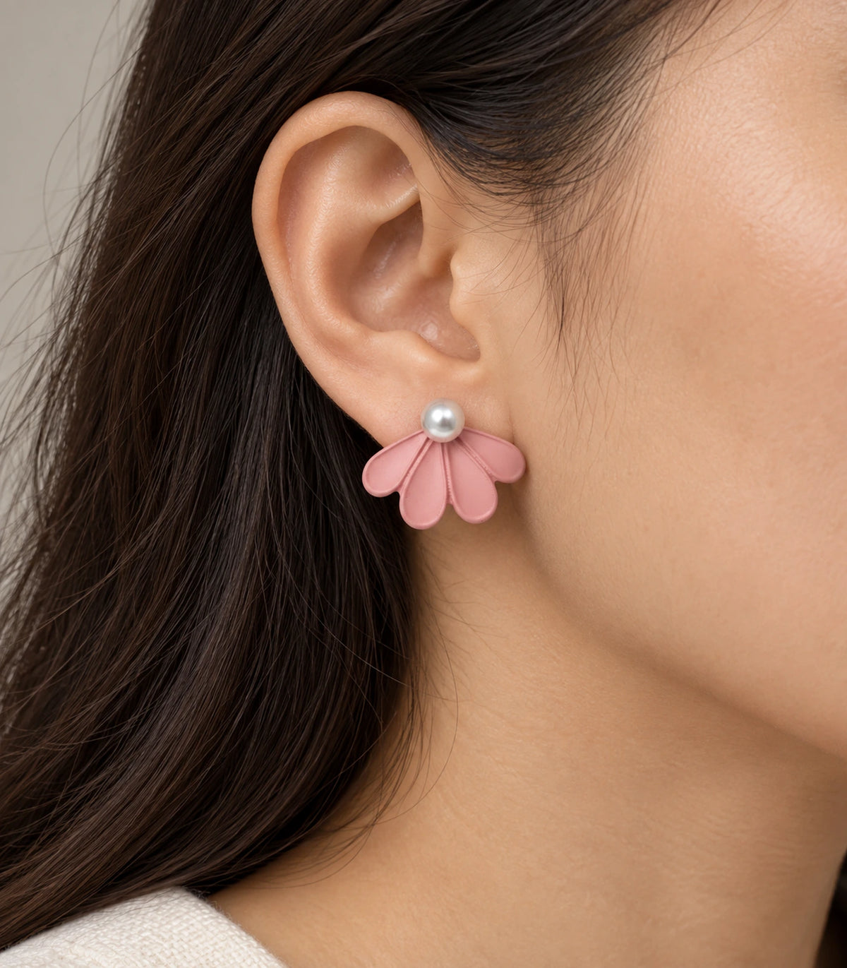 JIMIKI Blush Pink pearl fan petal stud earrings, naturally worn on the ear #color_blush pink