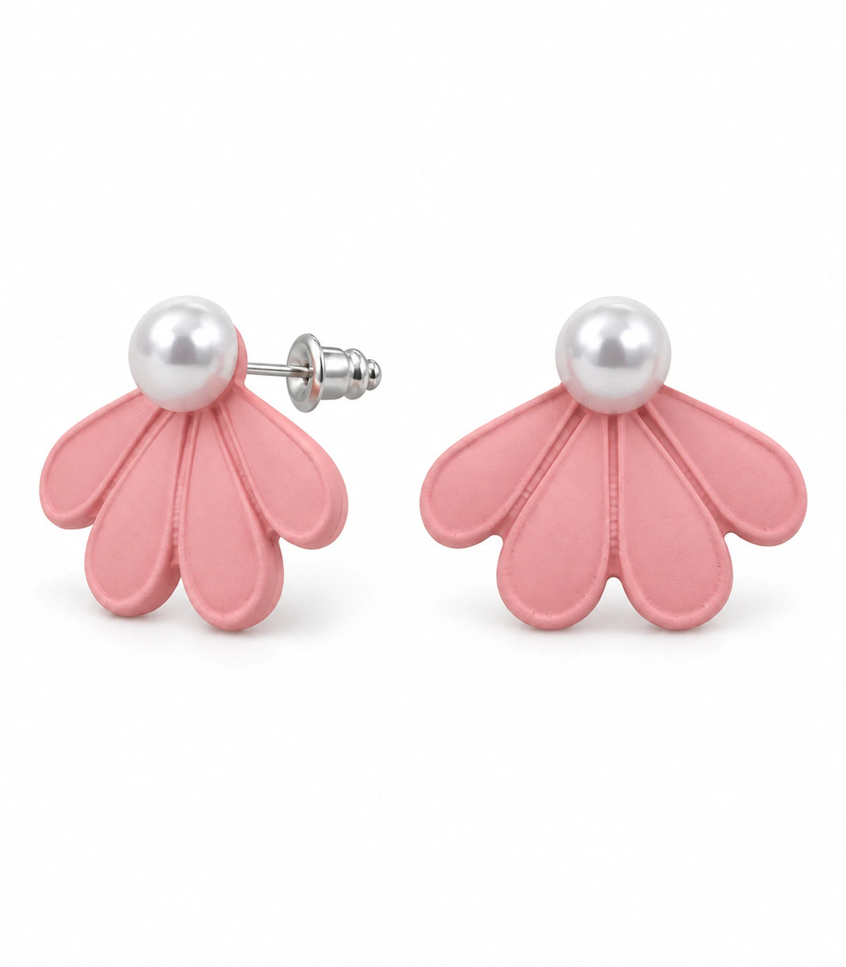 JIMIKI Blush Pink pearl fan petal stud earrings, pair on a white background #color_blush pink