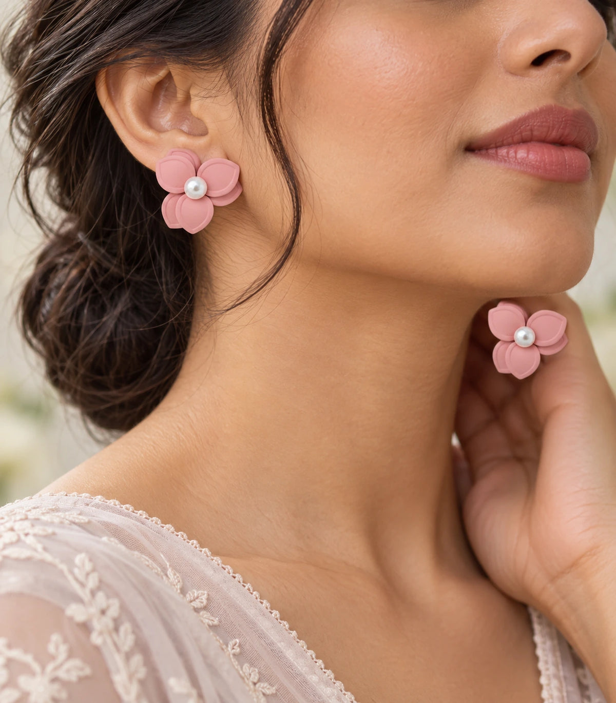 JIMIKI Blush Pink Triple Petal Pearl Flower Stud Earrings - earring worn in editorial styling #color_blush pink