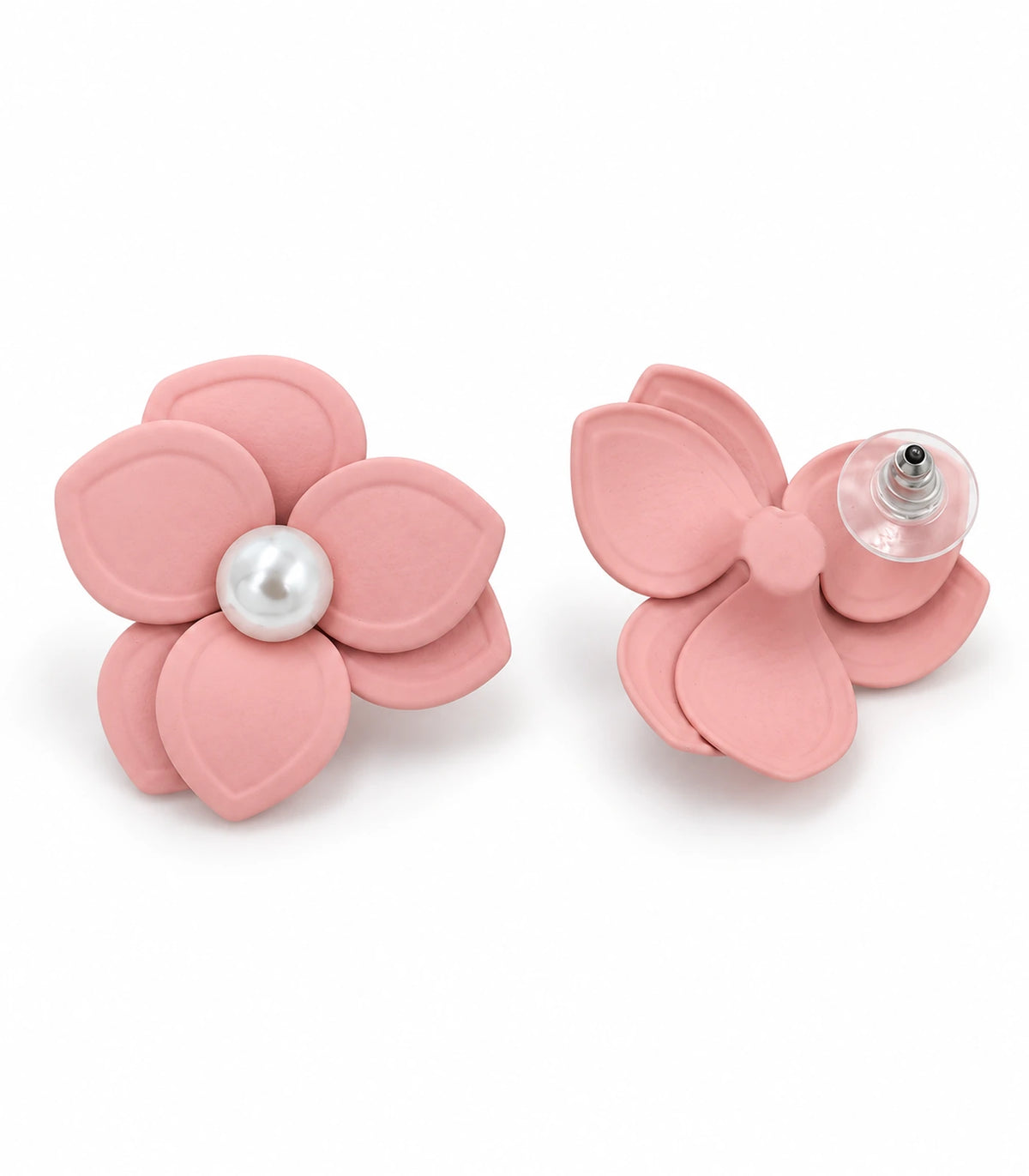 JIMIKI Blush Pink Triple Petal Pearl Flower Stud Earrings - pair on white background #color_blush pink