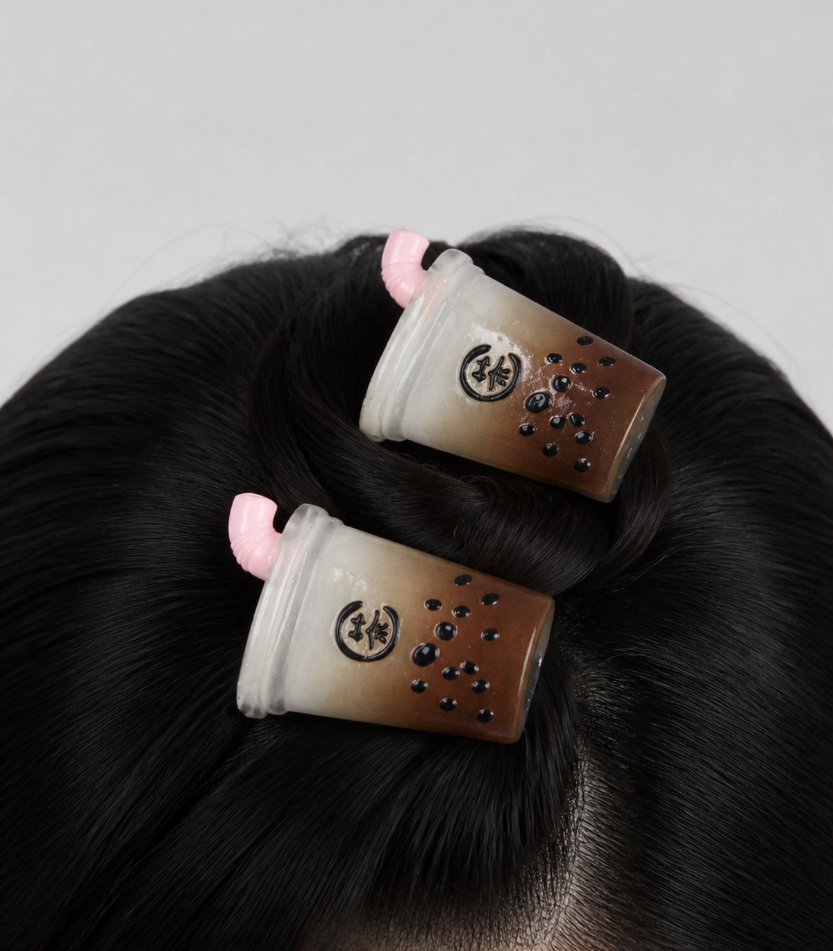 Bubble Tea Barrette Pair worn in hair