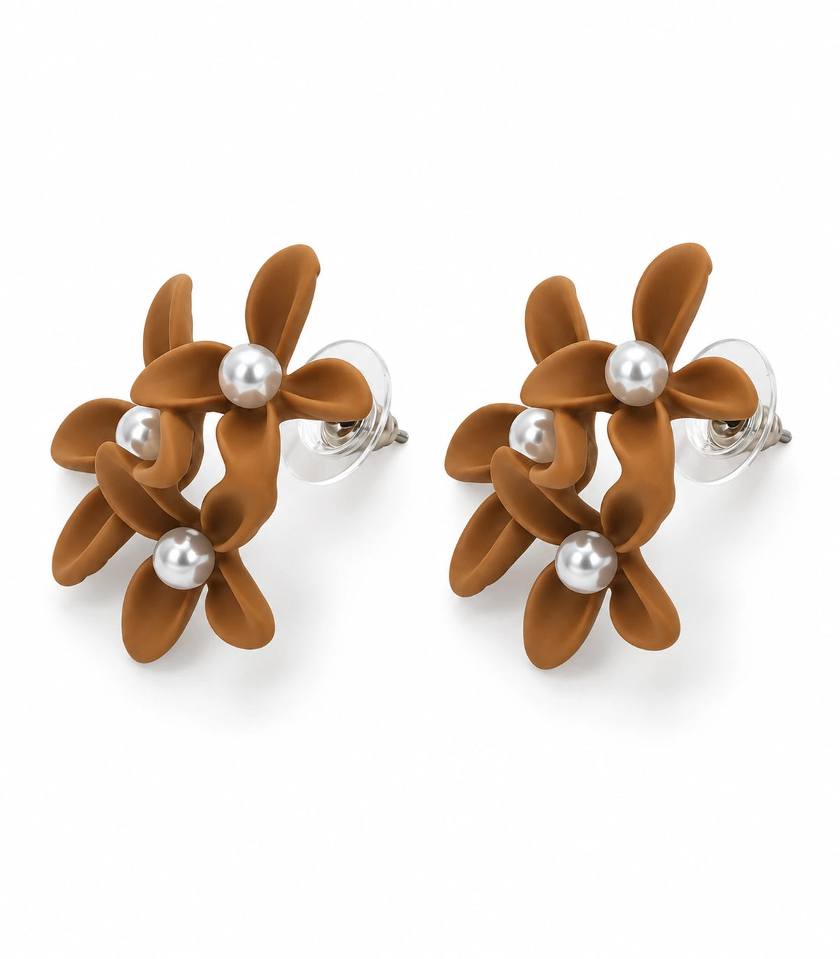 JIMIKI Camel cascading floral cluster stud earrings, matching pair on a white background #color_camel