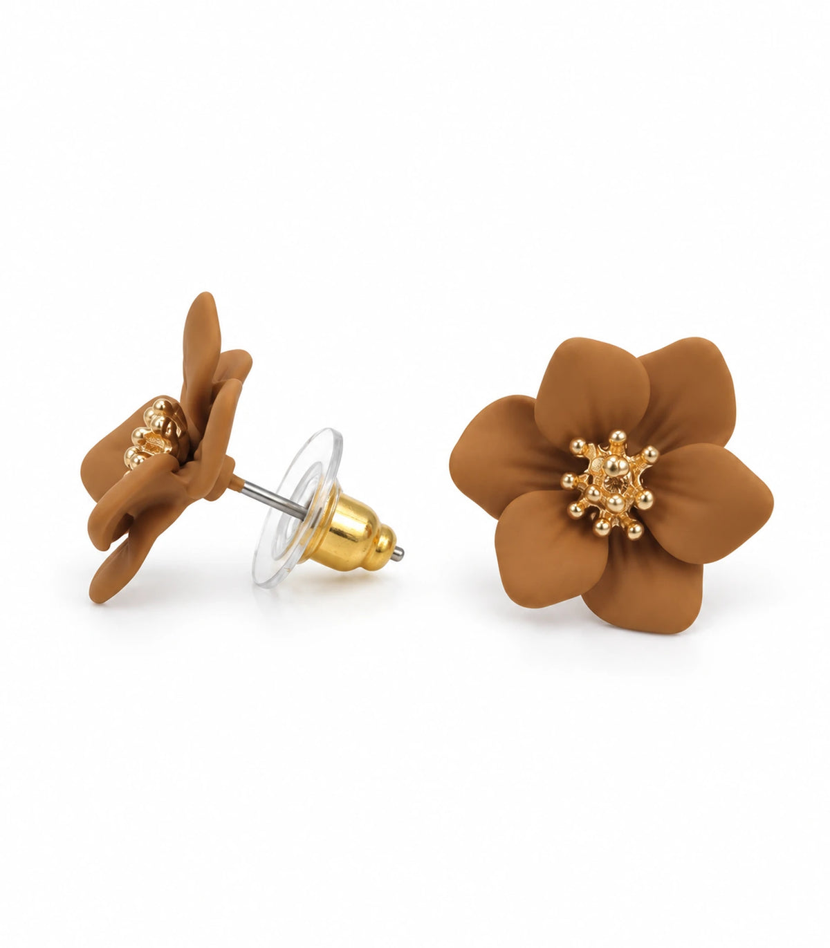 JIMIKI Camel compact six petal flower stud earrings, matching pair on white background #color_camel