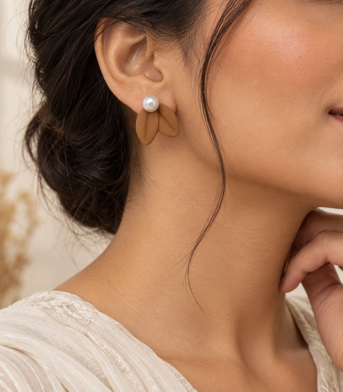 JIMIKI Double Leaf Pearl Stud Earrings in Camel — earrings styled with an outfit #color_camel