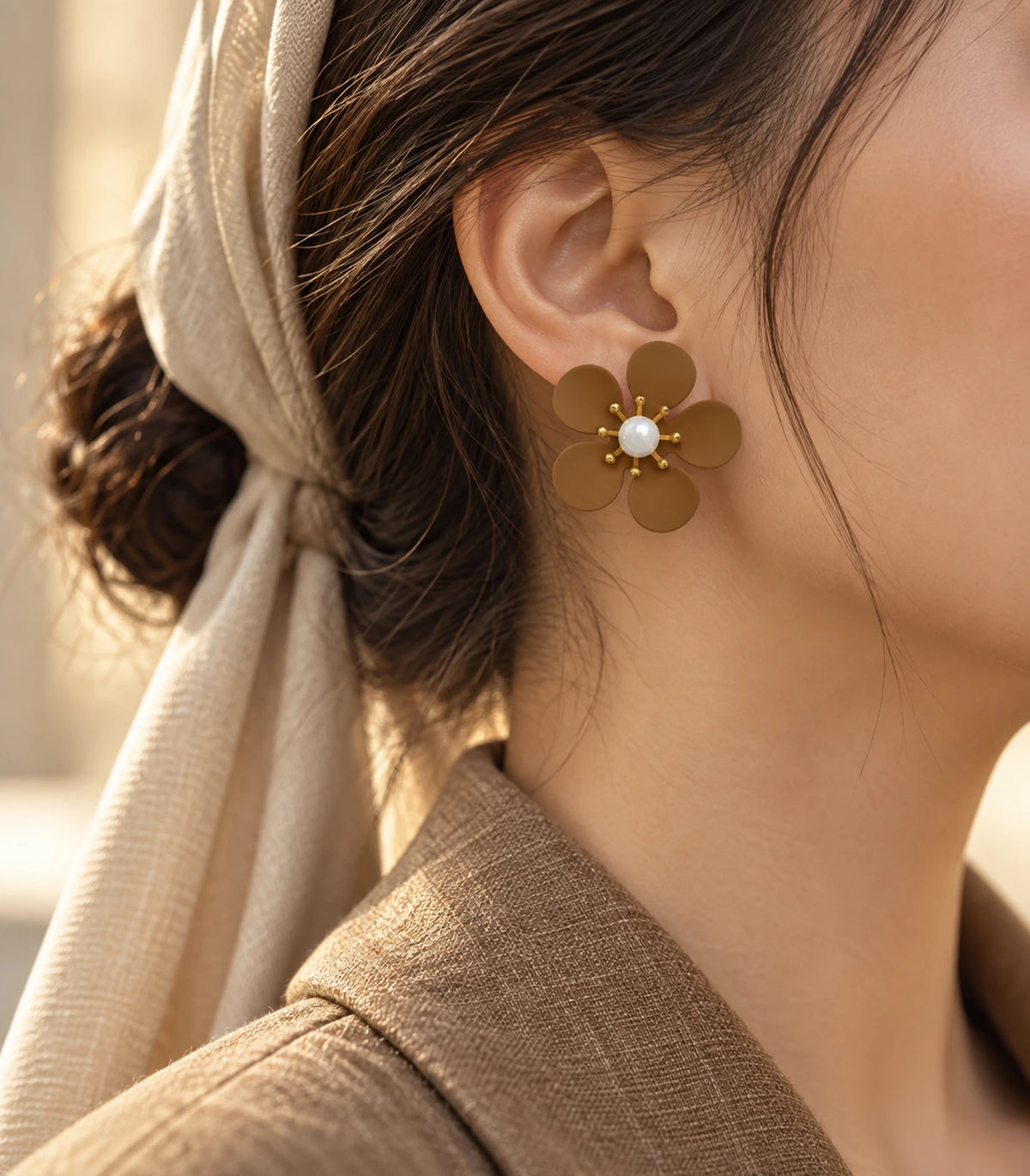 JIMIKI camel five-petal flower stud earrings with pearl-effect centre, alternate styled worn view of flower stud #color_camel