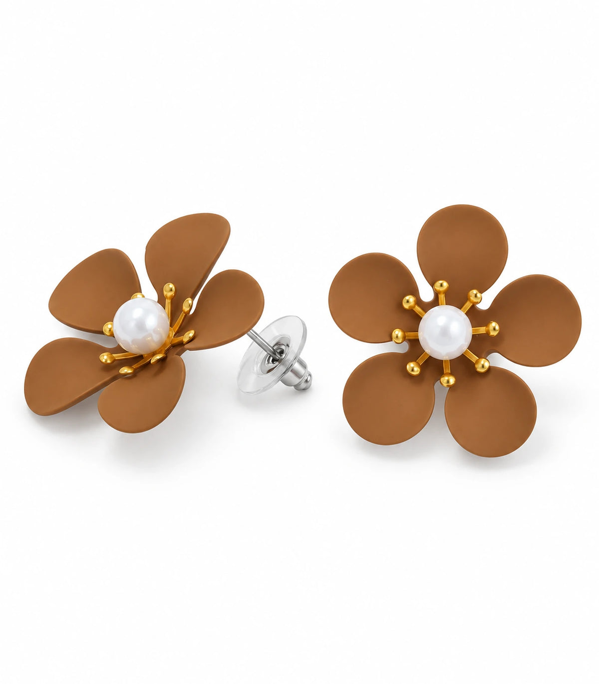 JIMIKI camel five-petal flower stud earrings with pearl-effect centre, matching flower stud pair on white #color_camel