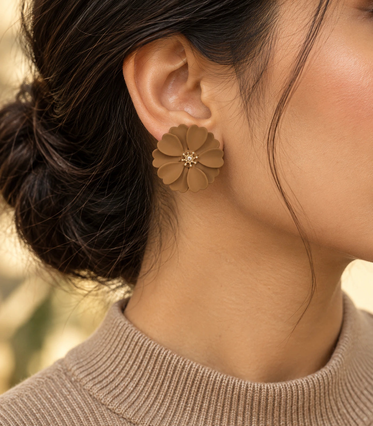 JIMIKI Camel Layered Daisy Stud Earrings - earring worn in editorial styling #color_camel