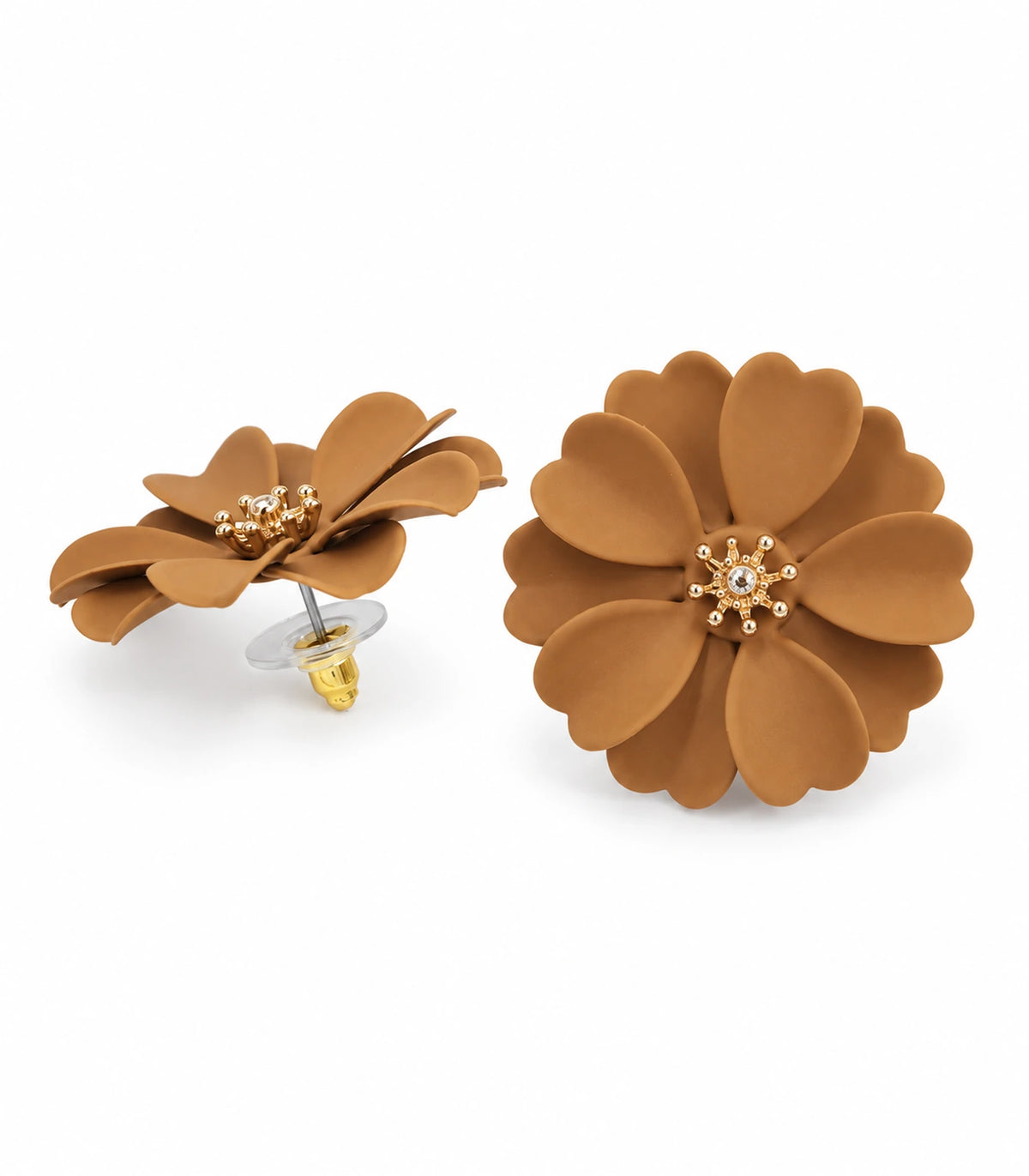 JIMIKI Camel Layered Daisy Stud Earrings - pair on white background #color_camel