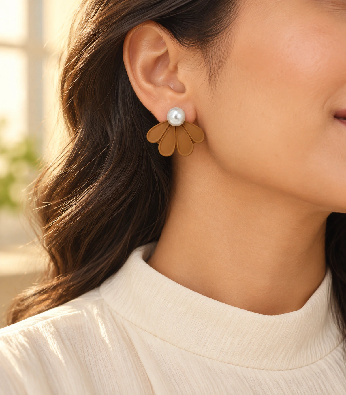 JIMIKI Camel pearl fan petal stud earrings, styled worn editorial view #color_camel