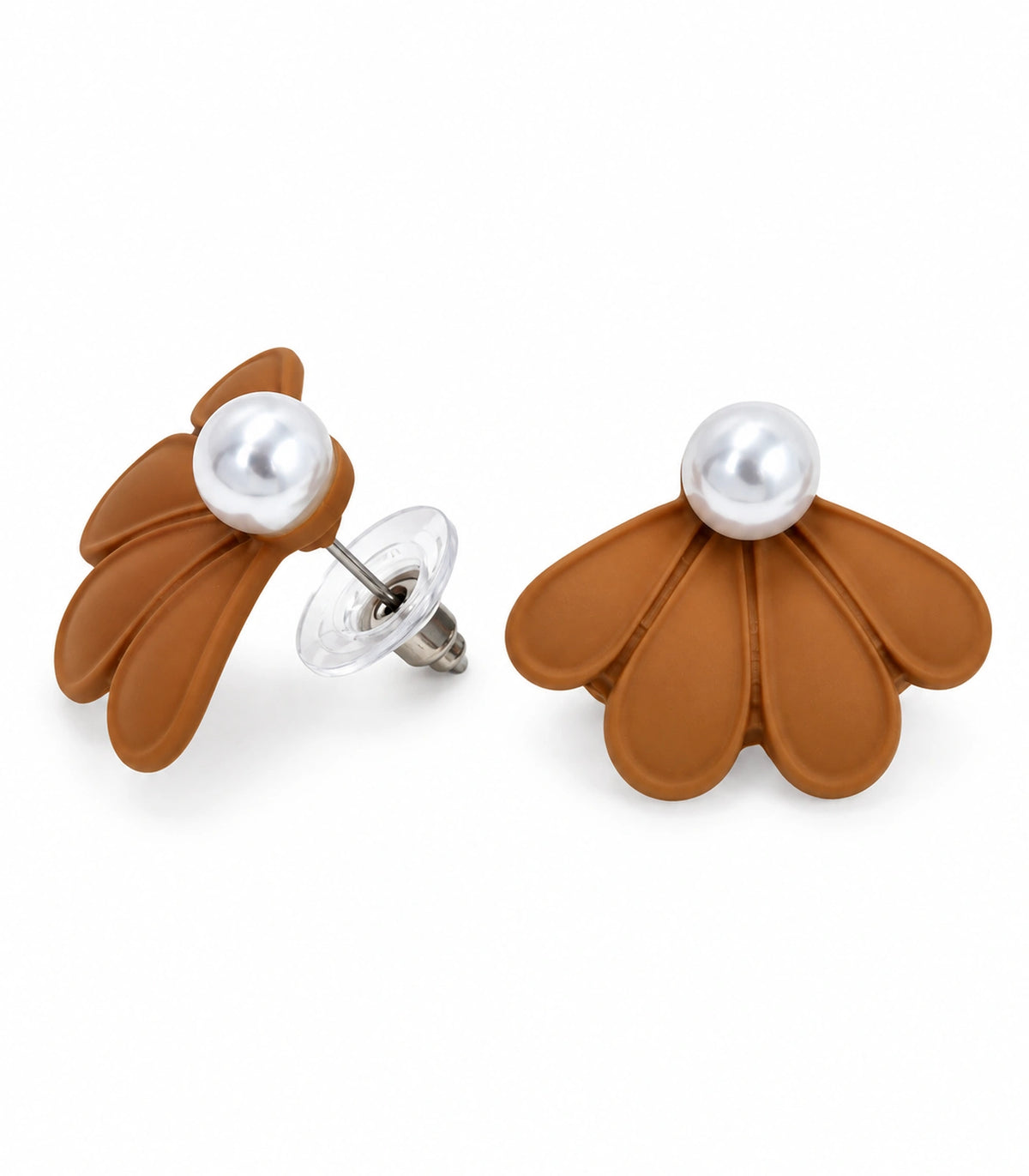 JIMIKI Camel pearl fan petal stud earrings, pair on a white background #color_camel