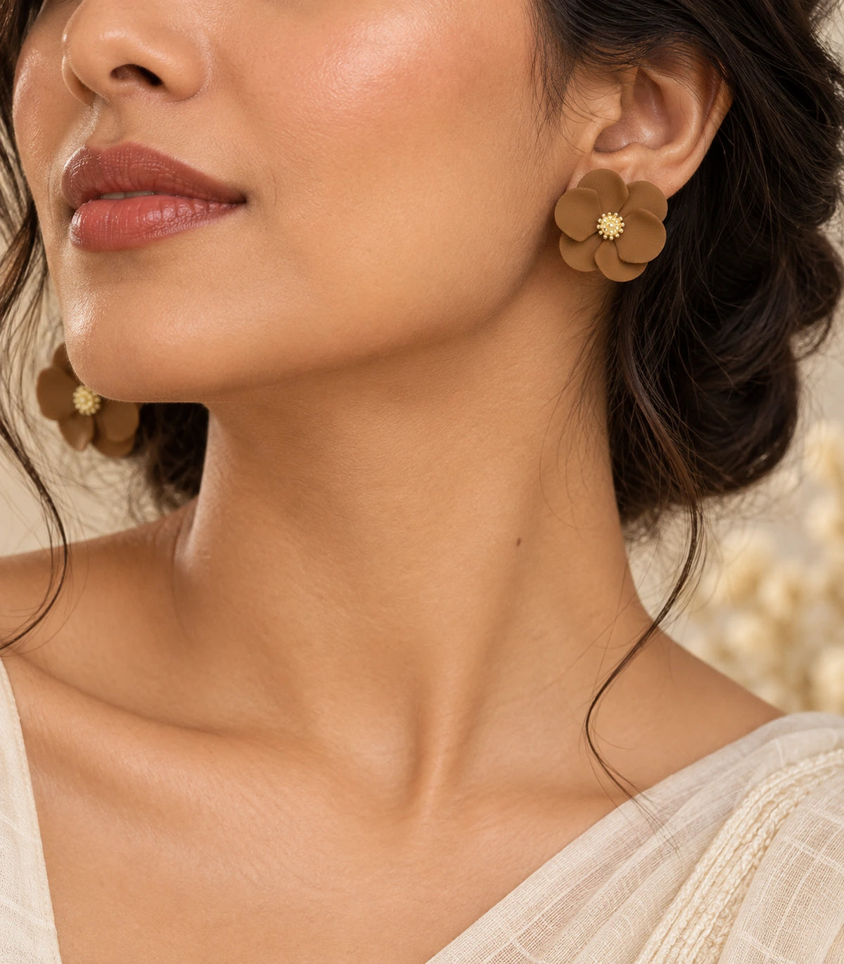 JIMIKI Camel ribbed flower stud earrings, styled worn editorial view #color_camel