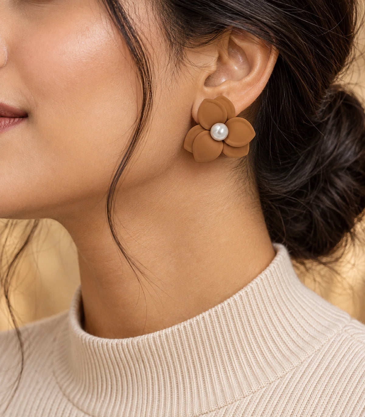 JIMIKI Camel Triple Petal Pearl Flower Stud Earrings - earring worn in editorial styling #color_camel