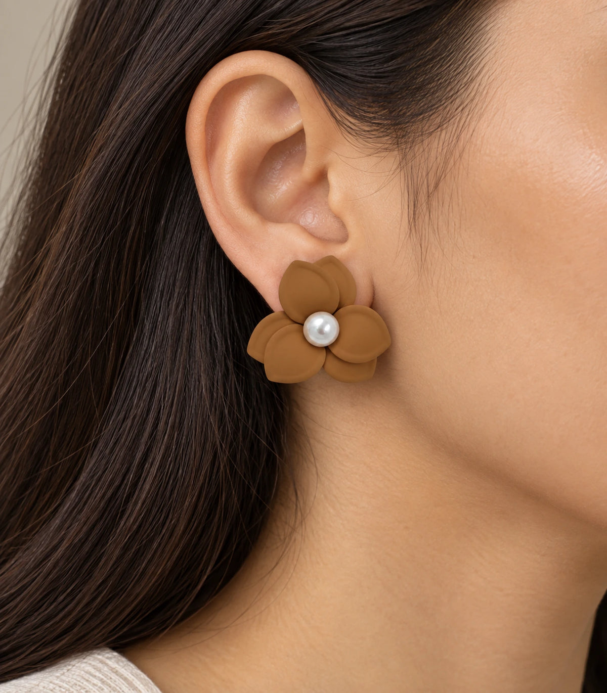 JIMIKI Camel Triple Petal Pearl Flower Stud Earrings - earring worn on model #color_camel