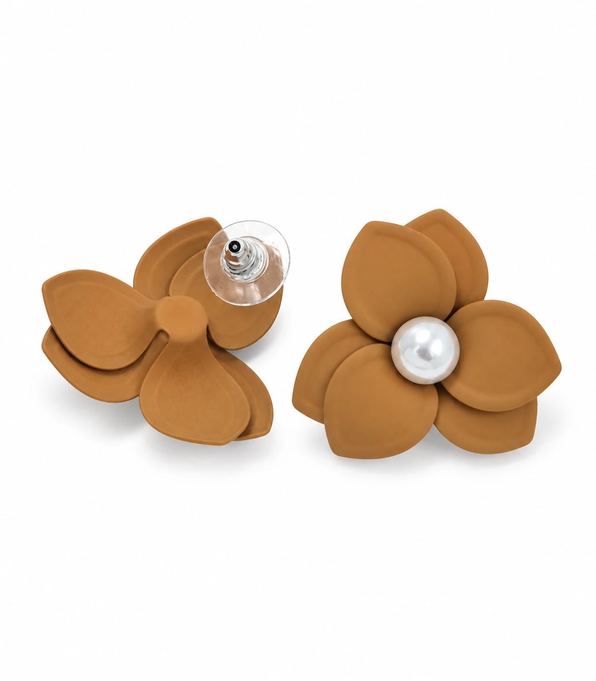JIMIKI Camel Triple Petal Pearl Flower Stud Earrings - pair on white background #color_camel