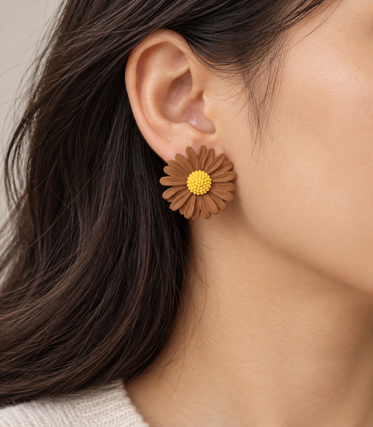 JIMIKI Camel yellow centre daisy stud earrings, stud worn on the ear #color_camel